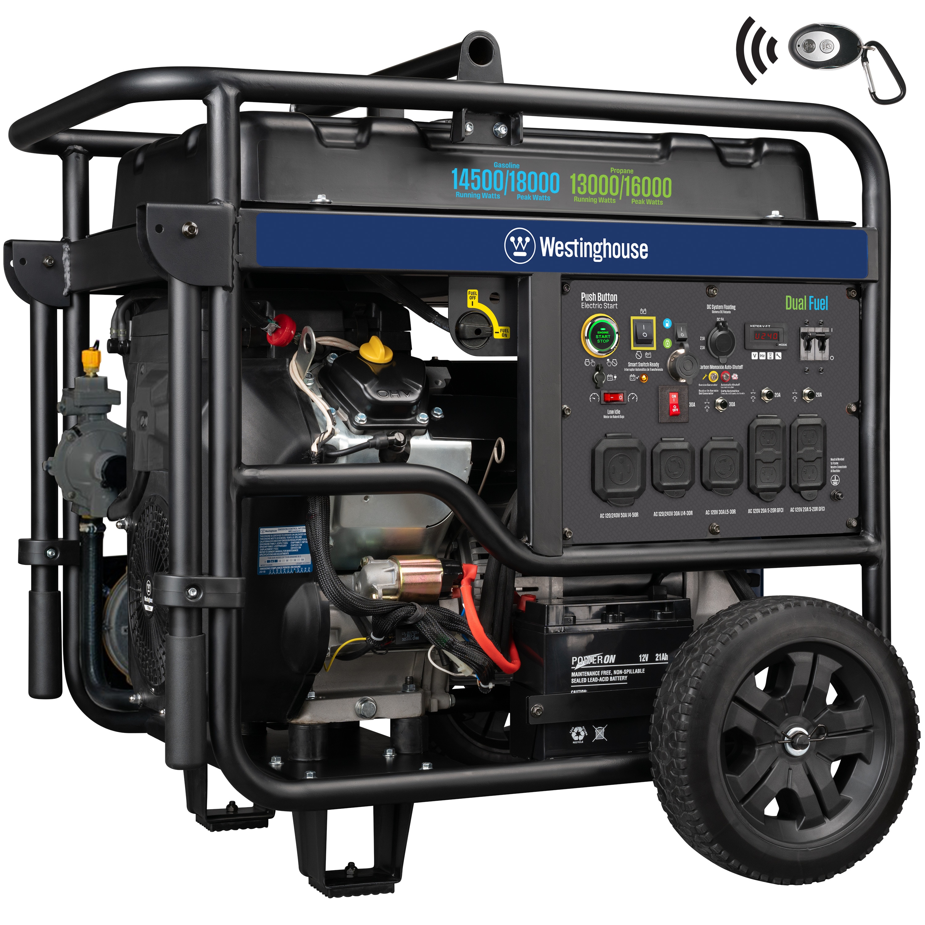 Westinghouse WGen14500DFc Remote Electric Start 18000 / 14500 -Watt Gasoline/Liquid propane Dual fuel Portable Generator #WGEN12000DFC