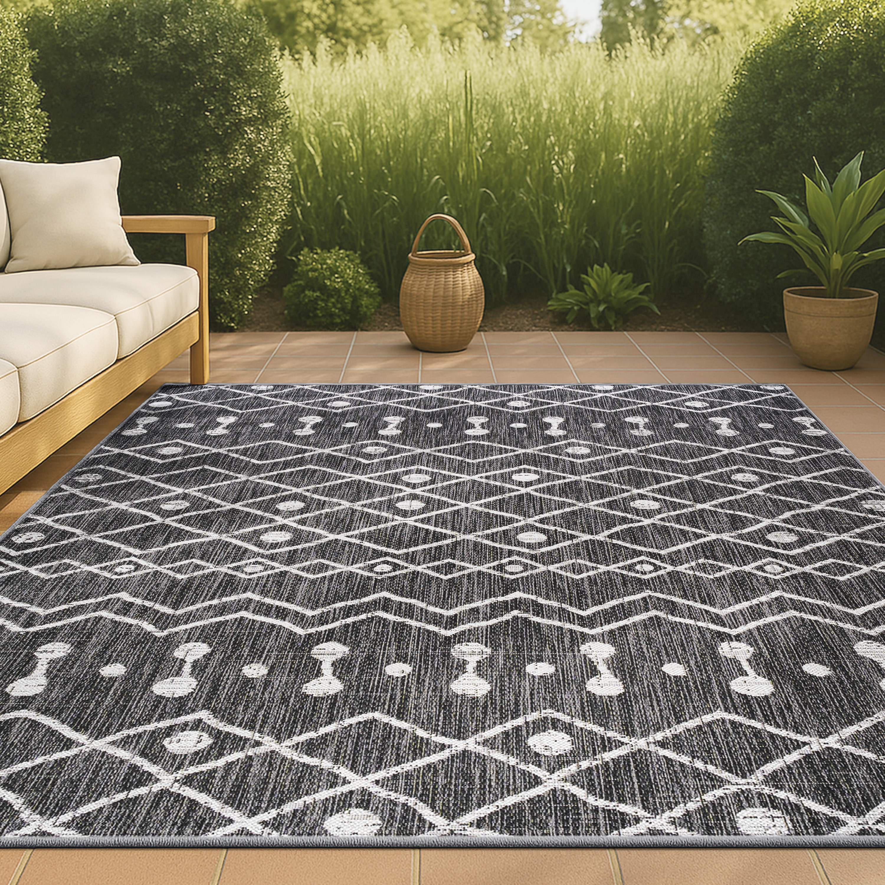 JONATHAN  Y SMB131E-8 Santa Monica Nokat Tribal 8 x 10 (ft) Loomed Polypropylene Black/Ivory Rectangular Indoor/Outdoor Trellis Bohemian/Eclectic Area rug