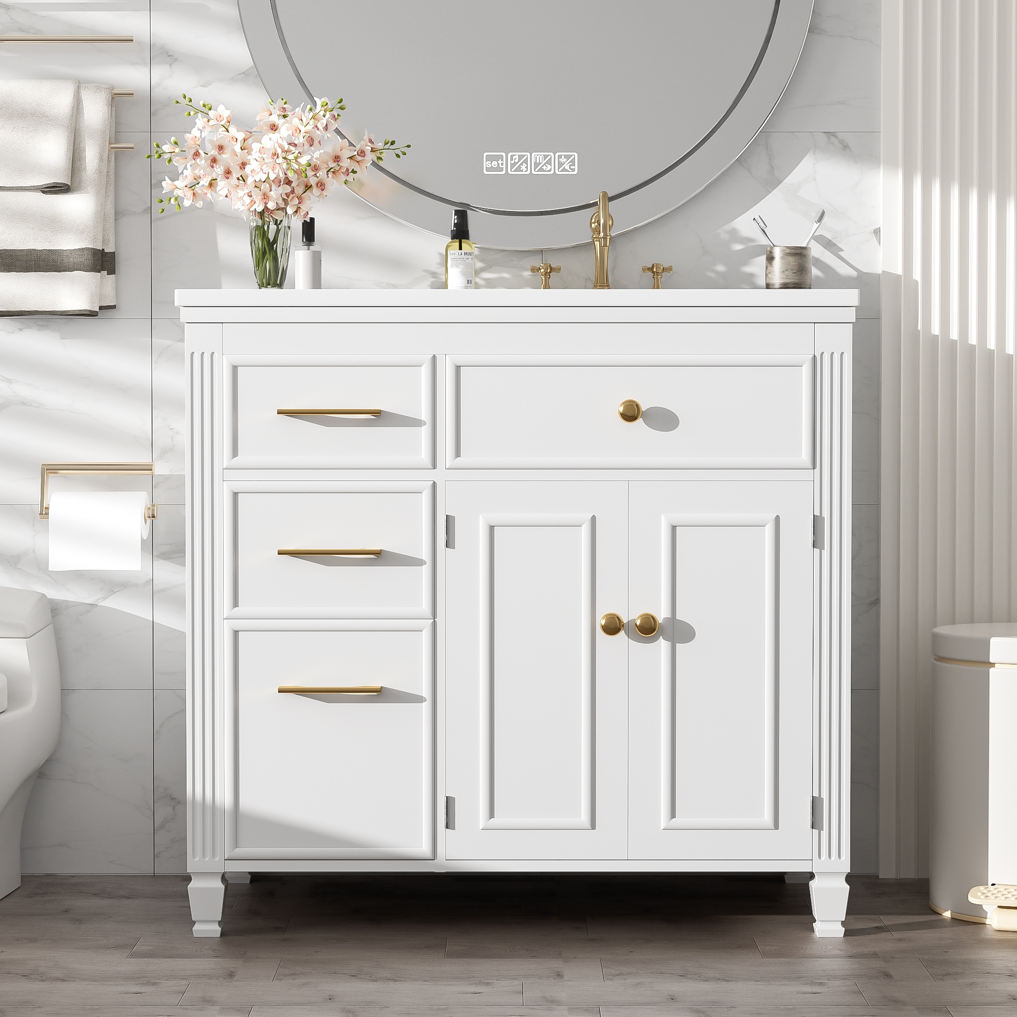 Christopher Knight Home Ascent Indoor Modern Wood 36-in Bathroom Vanity with Ceramic Sink 1 Tip Out Drawer 3 Side Storage Drawers and Adjustable Shelf White