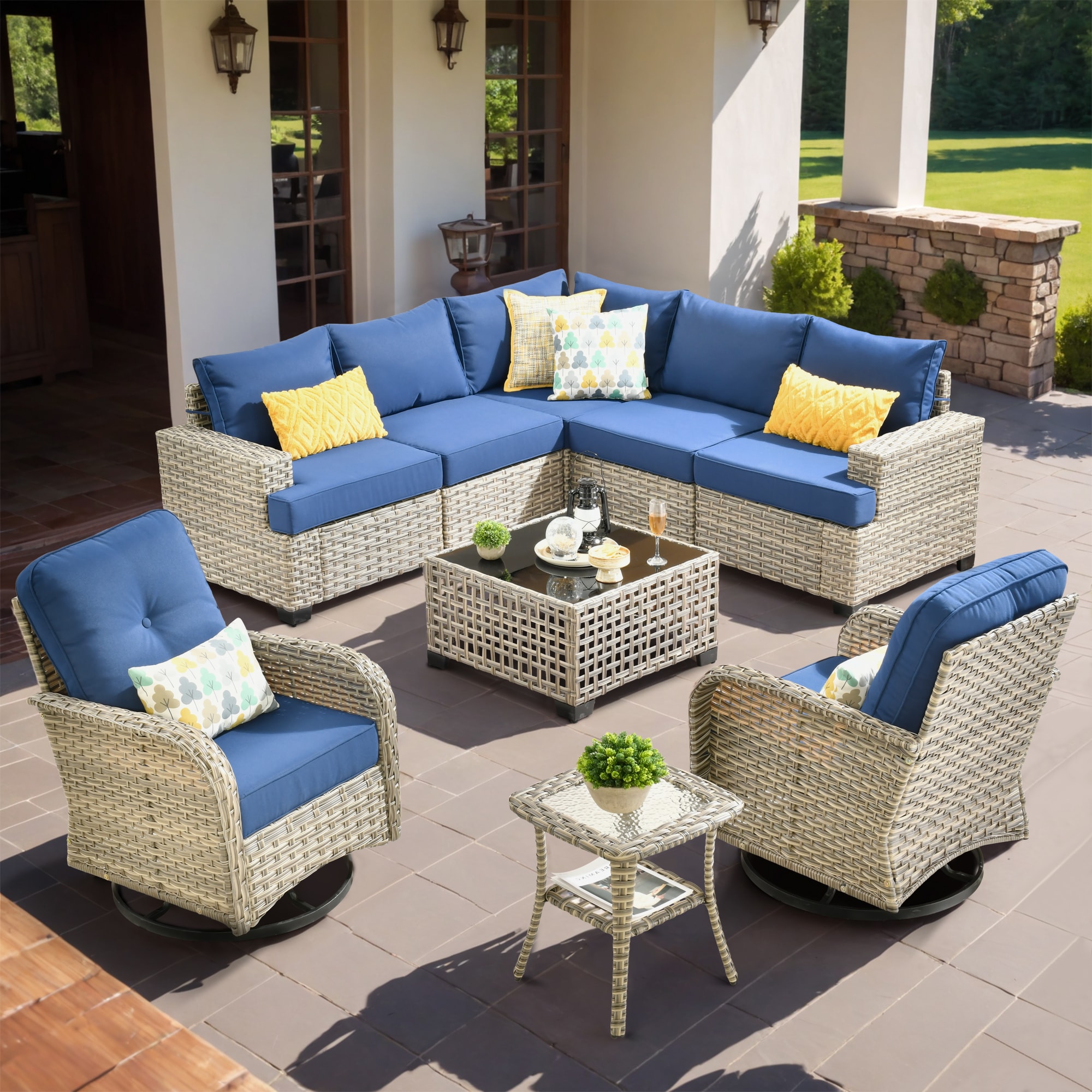 Caodoc L5-YZTBS7092-1 YZTBS Rattan Outdoor Sectional with Blue Cushions and Wicker Frame