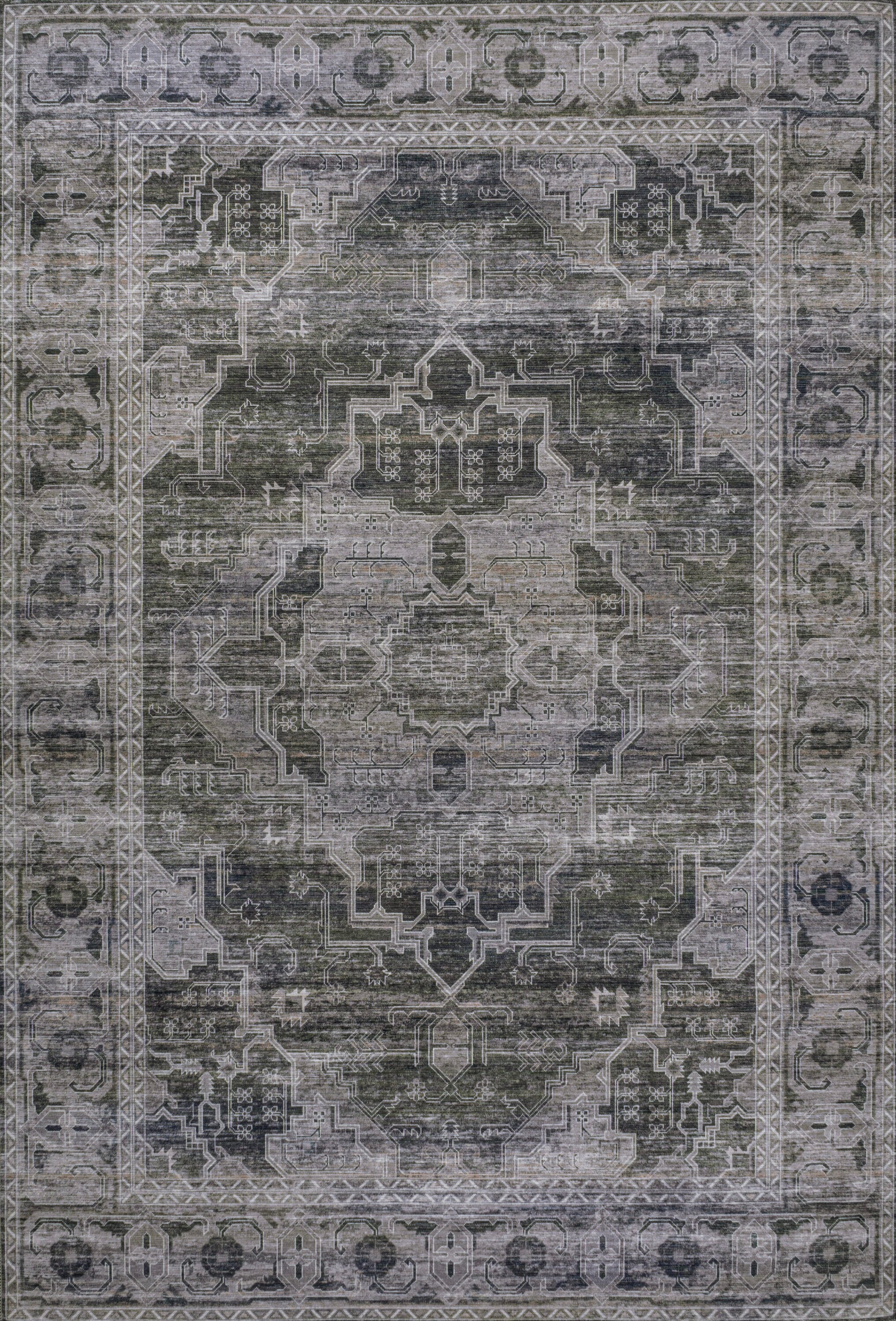 Alanya Dark Green and Gray Medallion Washable 8' x 10' Area Rug