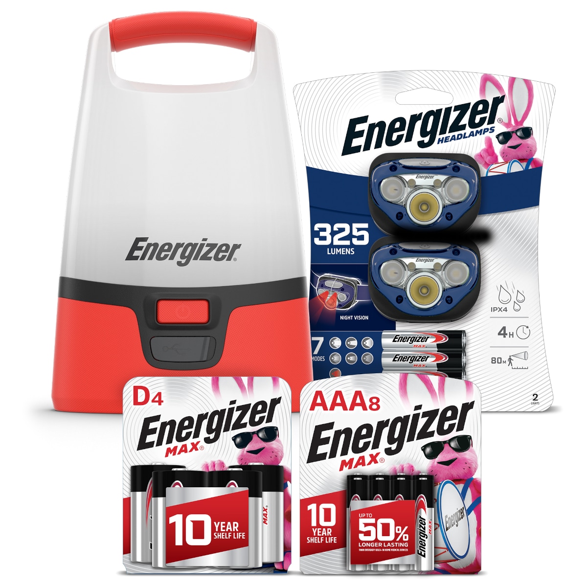 Energizer Energizer 325-Lumen LED Headlamp and 1000-Lumen LED Rechargeable Camping Lantern with Replacement D and AAA Batteries Camping Bundle