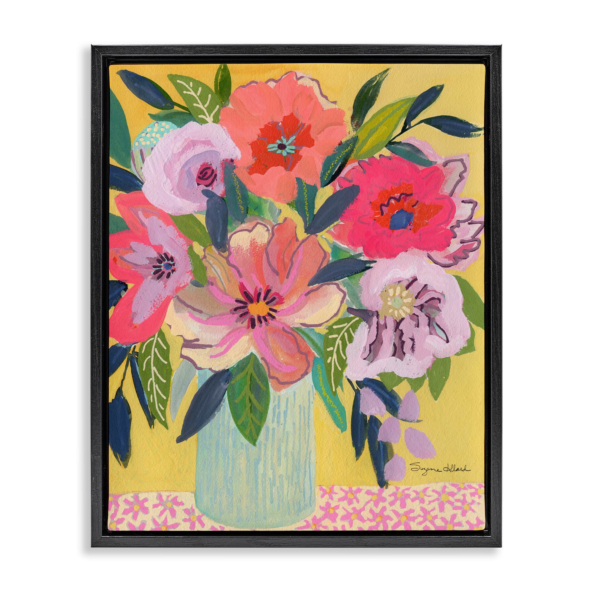 Stupell Industries BT-314-FFB-24X30 Vibrant Pink Bouquet on Yellow Black Framed Floater Canvas Wall Art By Suzanne Allard 25 x 31
