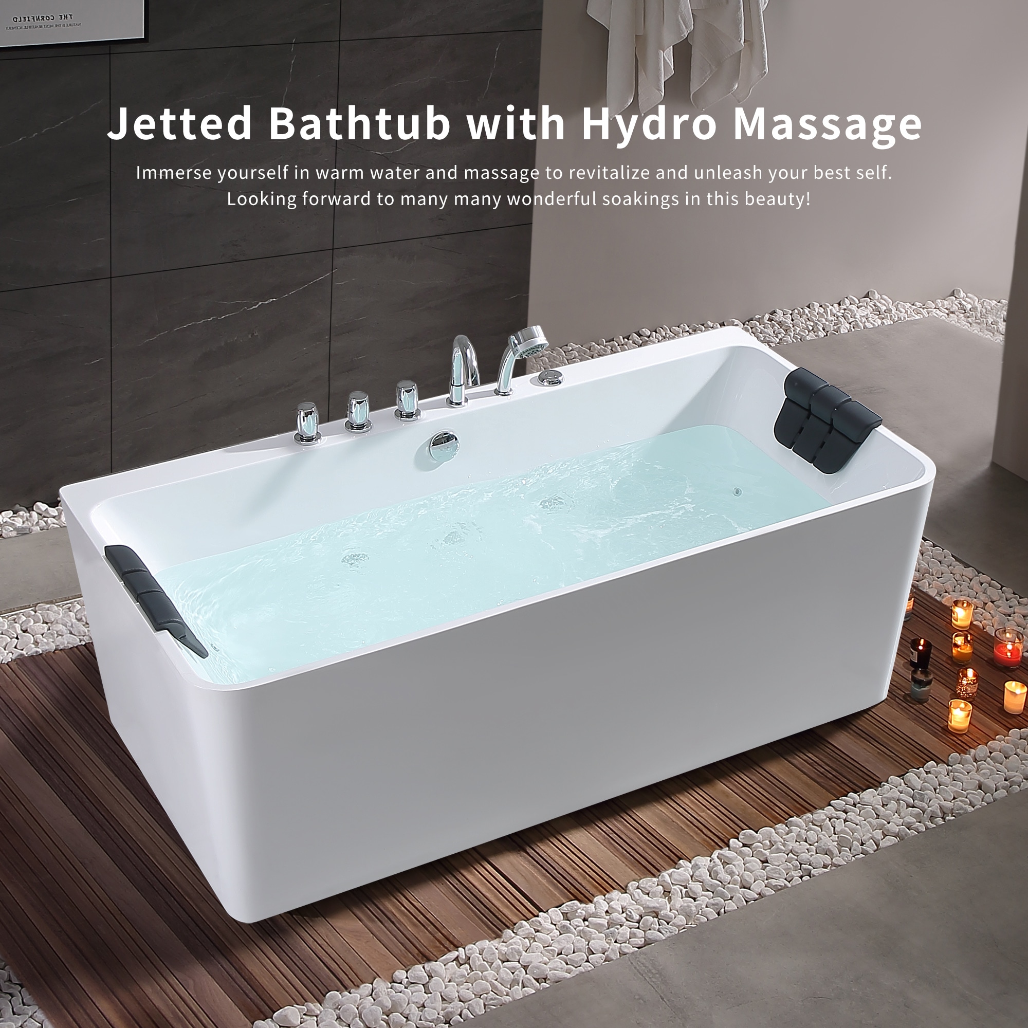 Empava EPV-67AIS03 Hydrotherapy Massage Bath Freestanding Whirlpool Bathtub 33.5-in x 67-in Glossy White Acrylic Rectangular Freestanding Whirlpool tub with Faucet Hand Shower with Drain ( Center Drain )