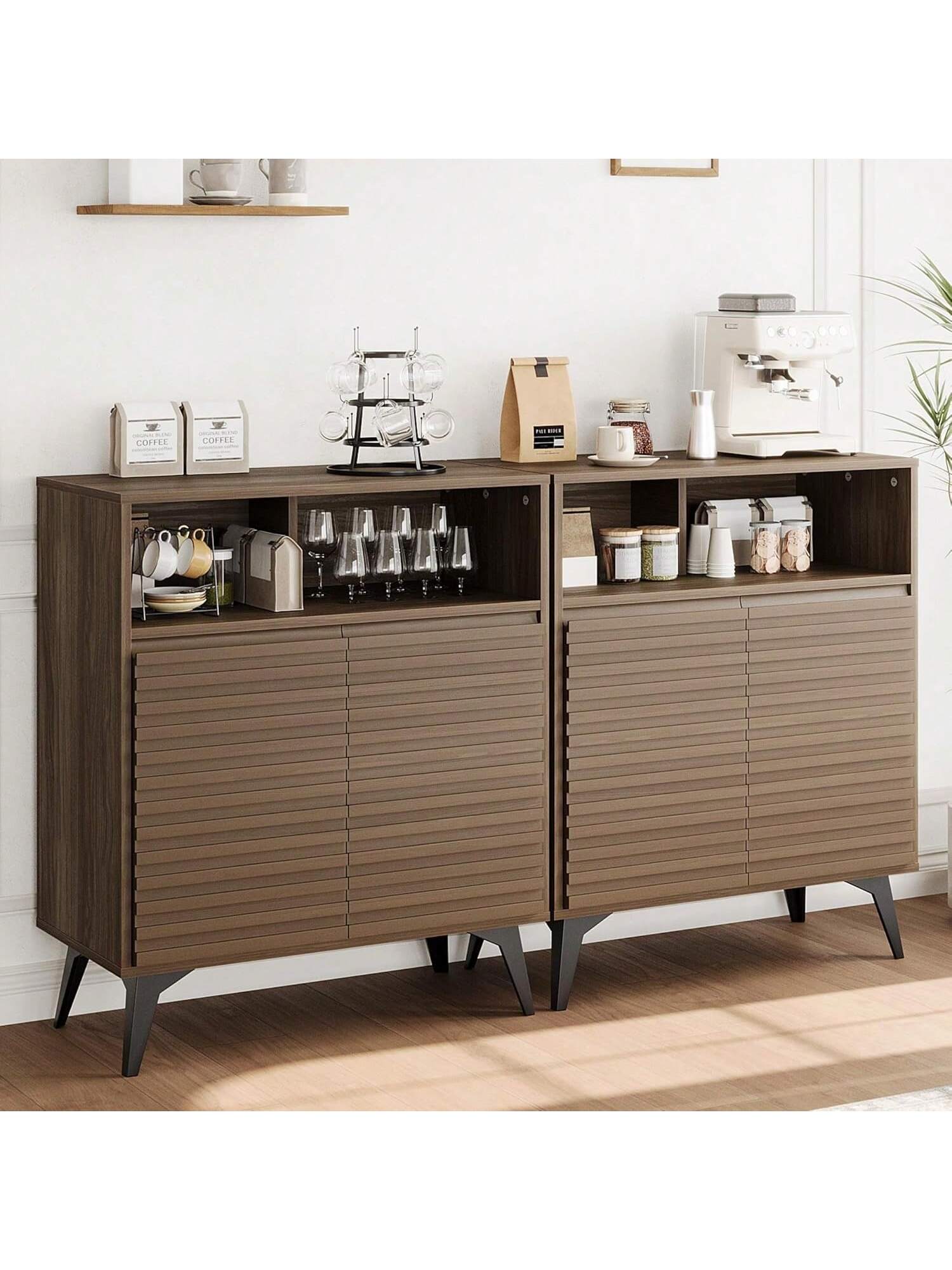 Qeetex BY-VNN-33D3XHE4 2 PCS Fluted Storage Cabinet Sideboard Buffet Cabinet With Storage and Adjustable Shelves For Living Room Kitchen Entryway