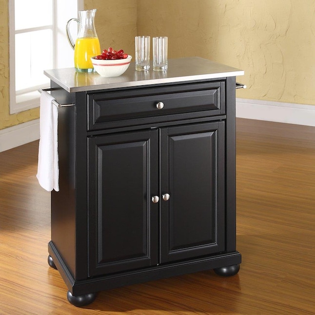 Crosley Furniture Black Composite Base, Black Kitchen Island Cart With Stainless Steel Top