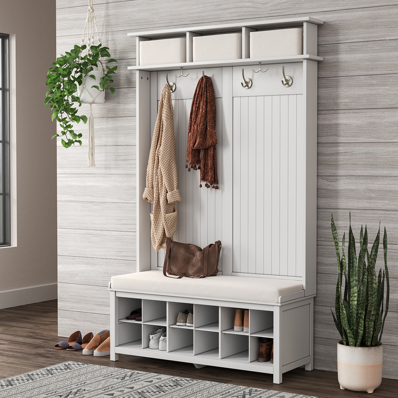 John Louis Home JLH-HTSB-W Casual 48-Inches White Wood Hall Tree