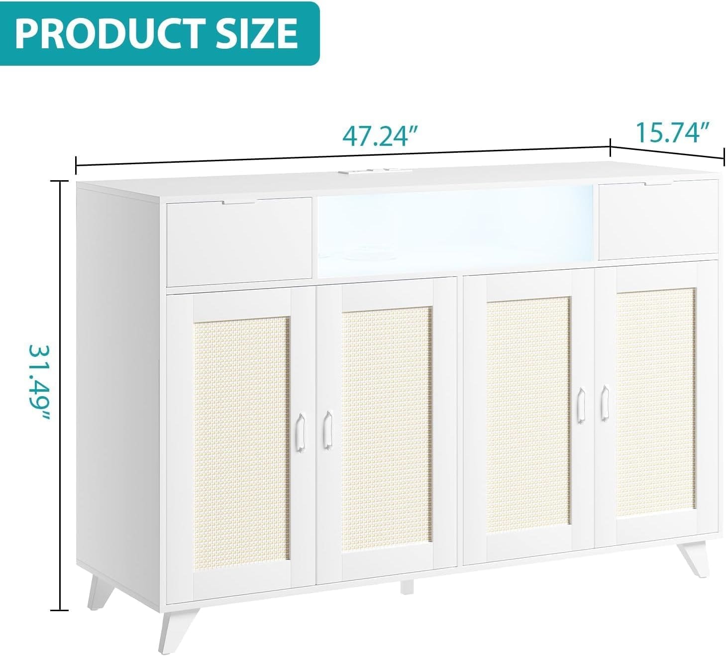 WhizMax LDYLSPHO-14VKQU7G Sideboard Buffet Cabinet With 4 Rattan Doors 2 Drawers Built In Power Outlet Usb Ports Led Lighting Adjustable Shelves Anti Tip Kit Classic Natural Design For Dining Room Living Room