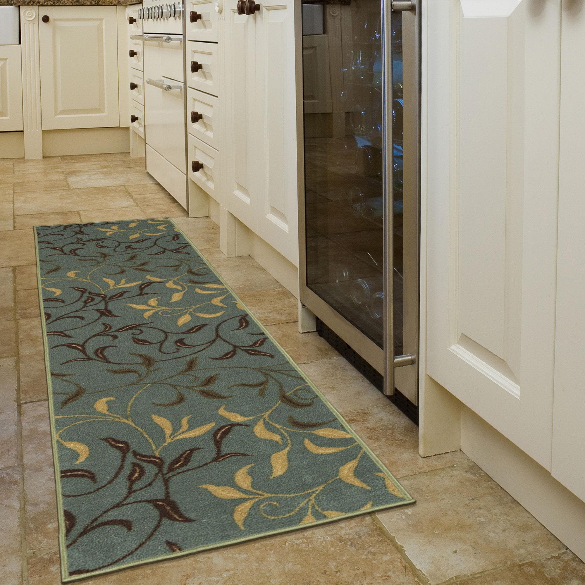 Ottomanson CLS3065-20X59 Leaves Rug For Bedroom 2 x 5 (ft) Loomed Nylon Seafoam Green Leaves Rectangular Indoor Floral/Botanical Runner rug