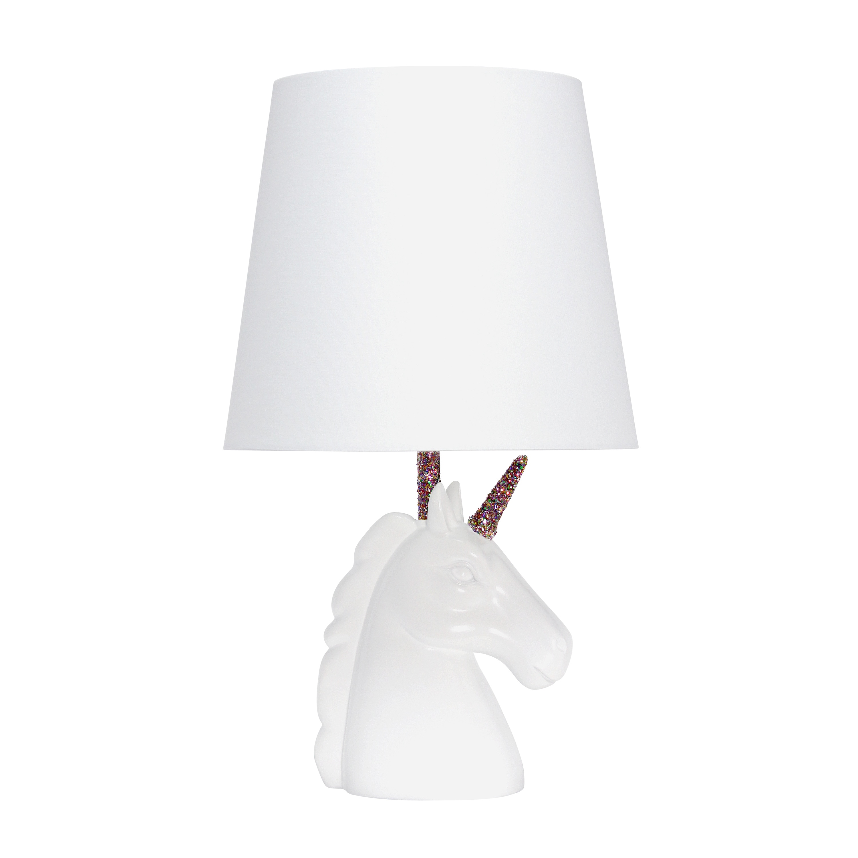 Simple Designs LT6000-RNW 15.5-in White and Rainbow Glitter LED On/Off switch Table Lamp with Fabric Shade