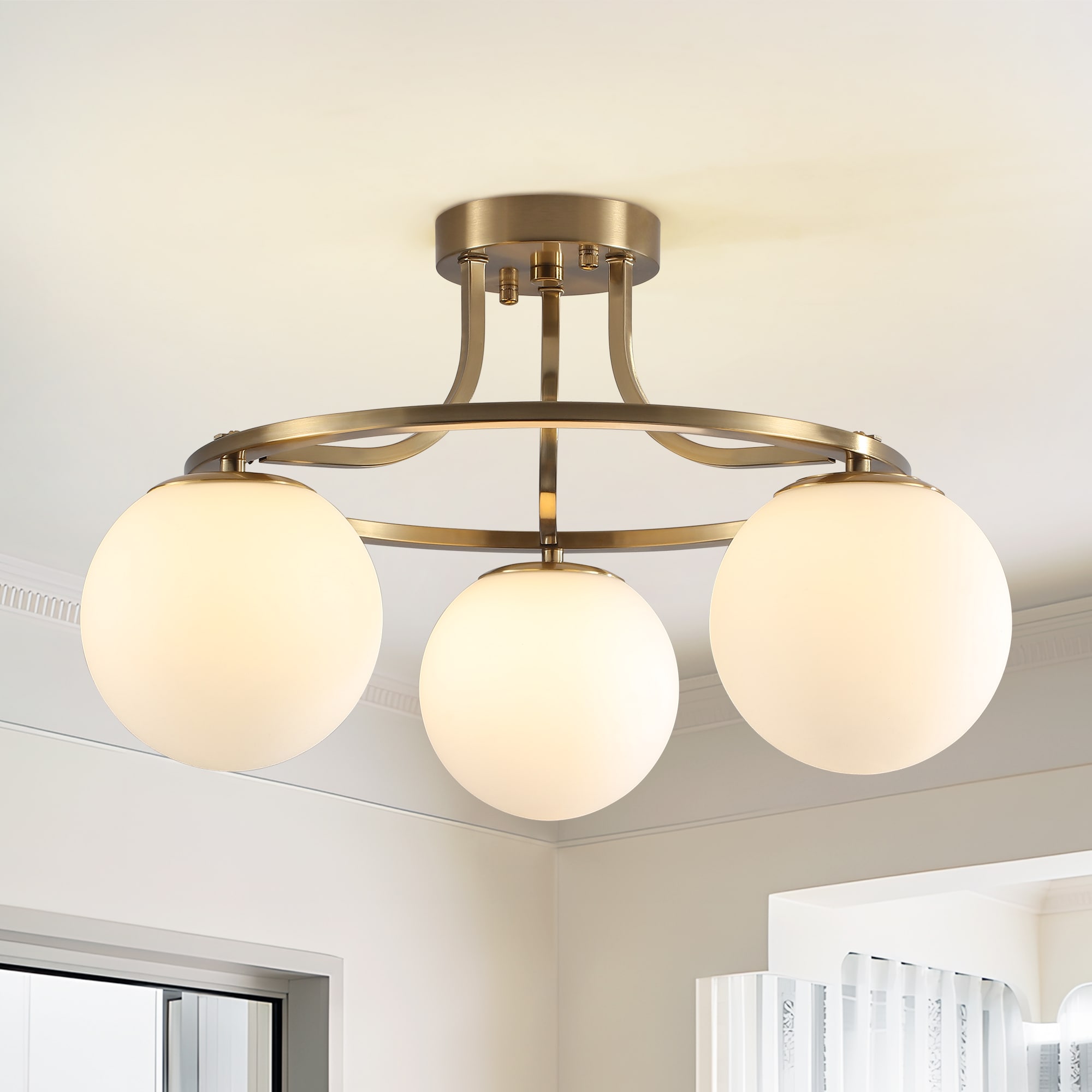 Zjvaive - 20.08-in 3-Light Gold Modern Semi Flush Mount Ceiling Light With Globe Frosted Glass Shade