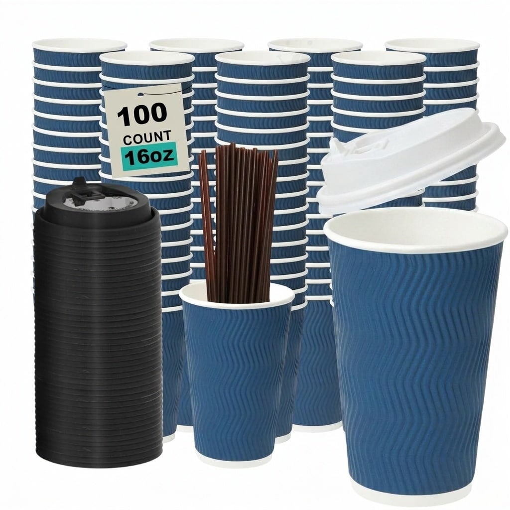 Etokfoks  Corrugated Ripple Wall 16 oz Blue Disposable Paper Coffee Cups BPA Free PFAA Free Plastic Lids 100 Pack Hot Cold Drinkware