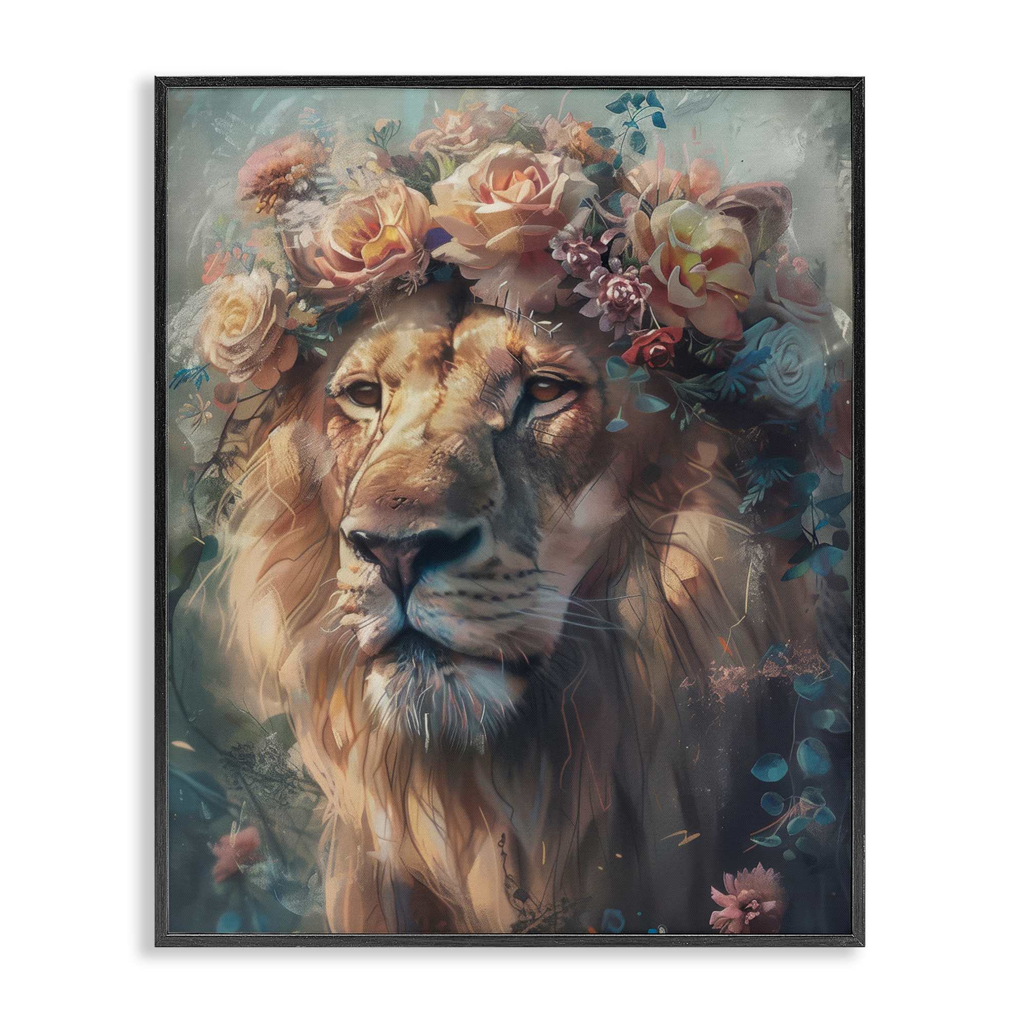 Stupell Industries BT-633-FR-11X14 Lion with Rose Garland Black Framed Giclee Art By Arlington Prints 11 x 14