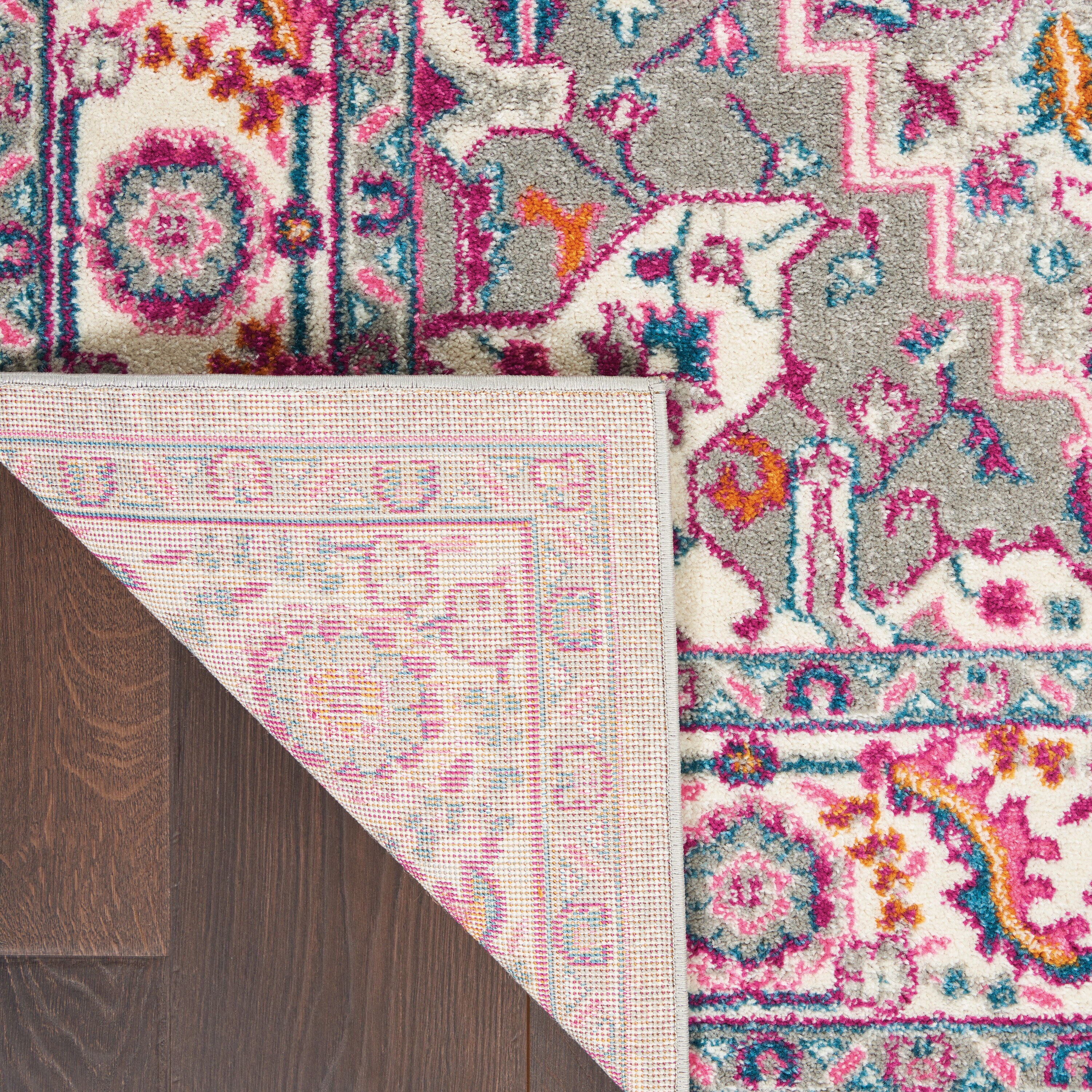 Light Grey and Pink Floral Synthetic 5' x 7' Area Rug