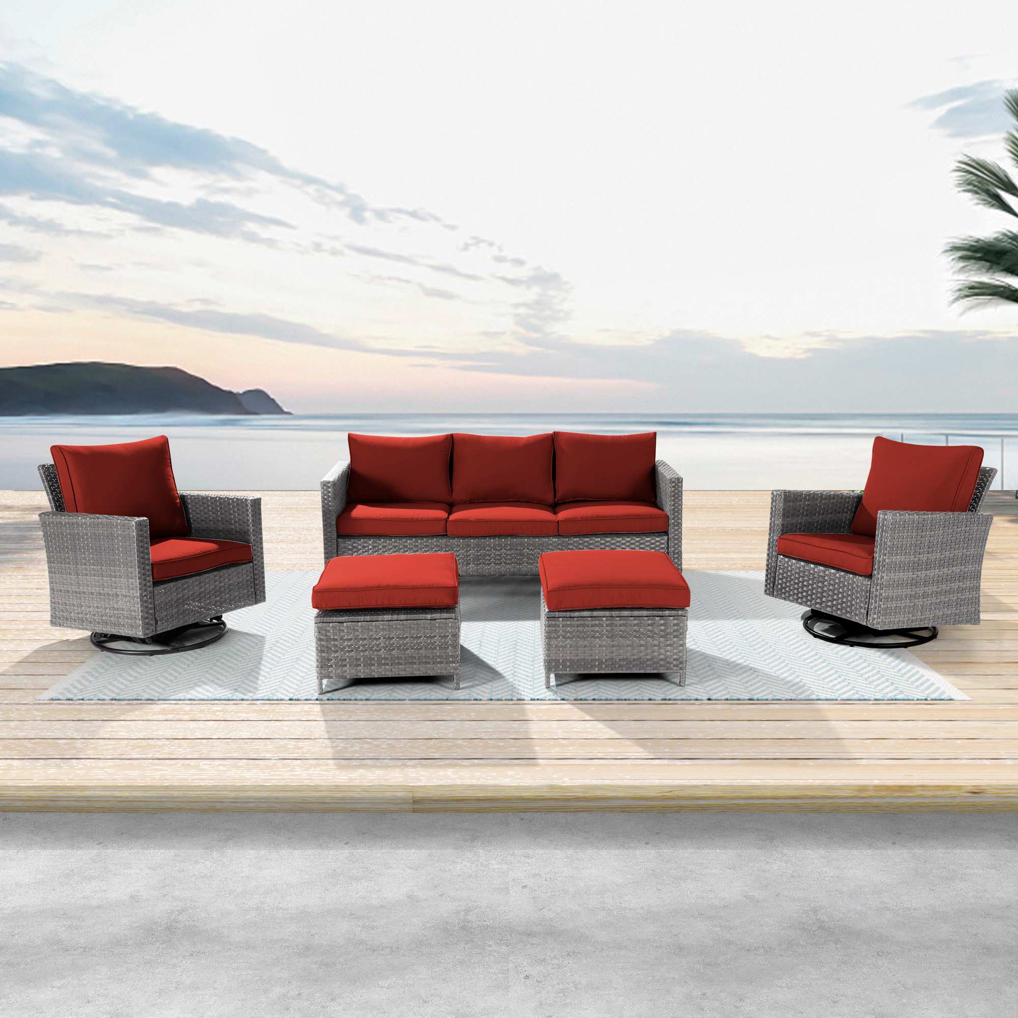 Aok Garden LWP-S1-2RHOG 5 Pieces Wicker Patio Conversation Set with Ottomans and Burgundy Cushions