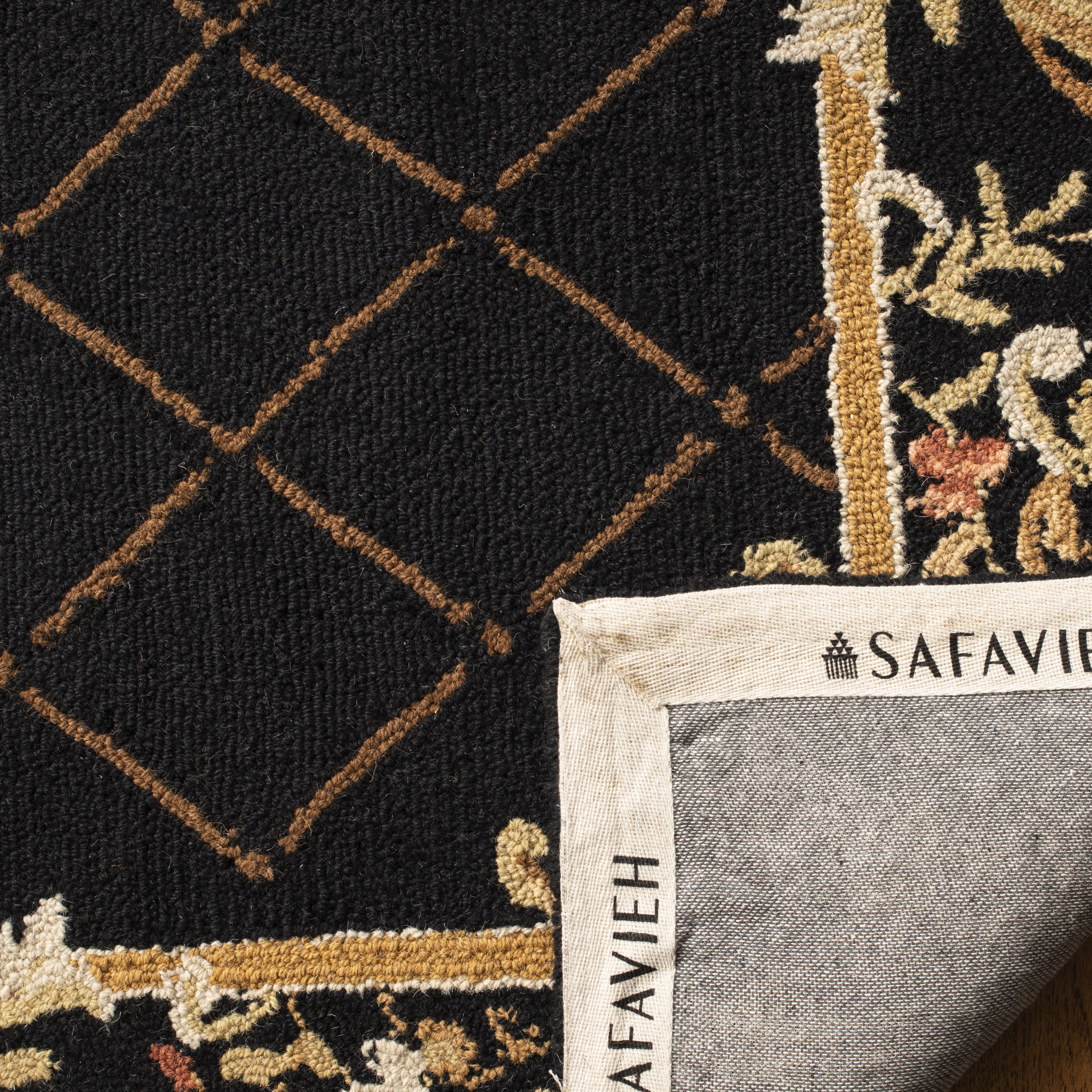 Black Floral Hand-Hooked Wool Runner Rug