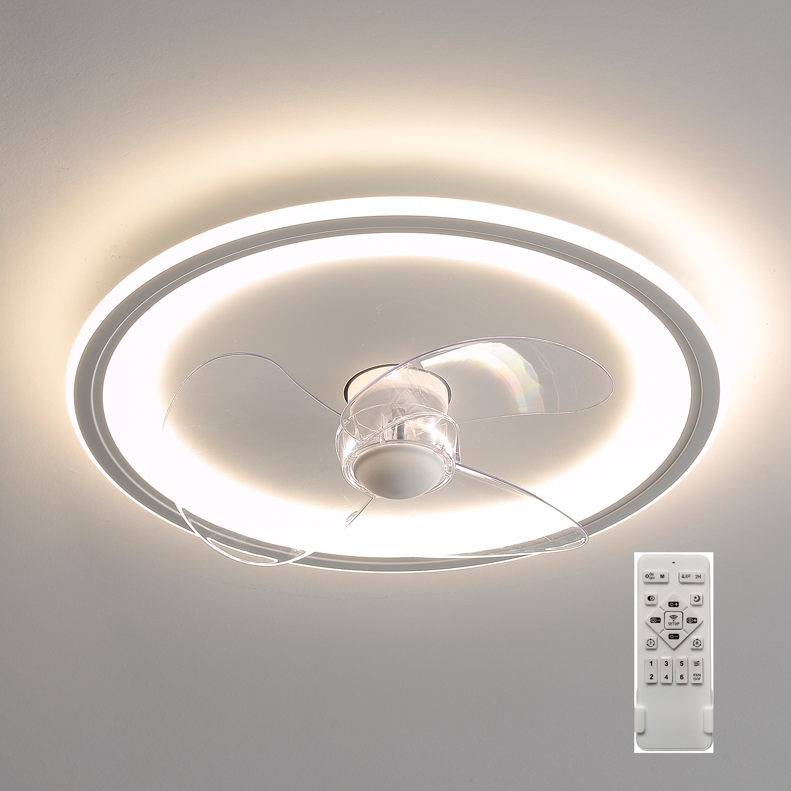 Oukaning HG-HCXLST-4666-US 19.7-in Color-Changing Integrated LED Flush Mount White Reverse DC 6-Speed Dimmable with ABS Blades Ceiling Fan With Light - Remote Included ( 3 -Blade )