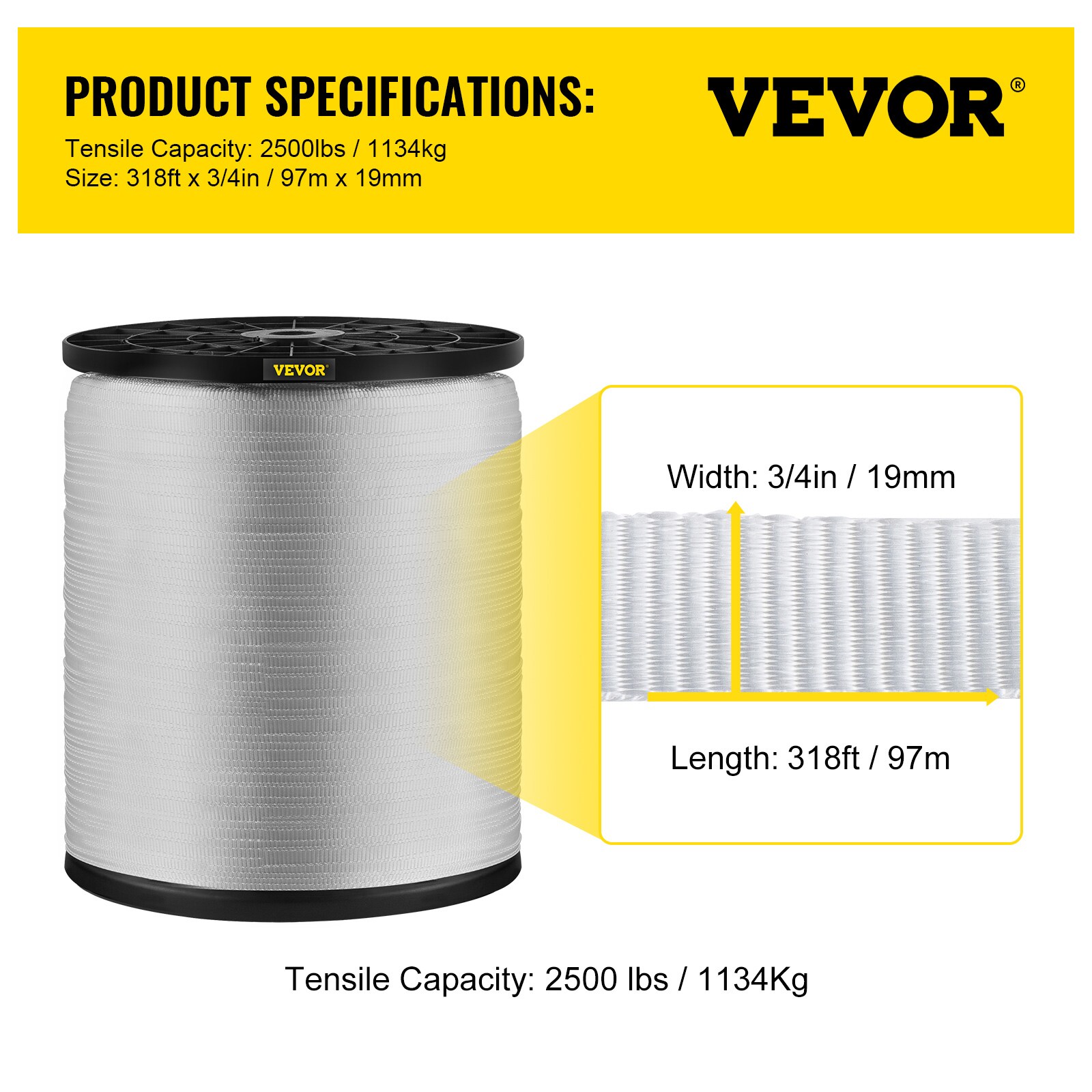 VEVOR 6000 lbs. Polyester Pull Tape 528 ft. x 1 in. Flat Tape for