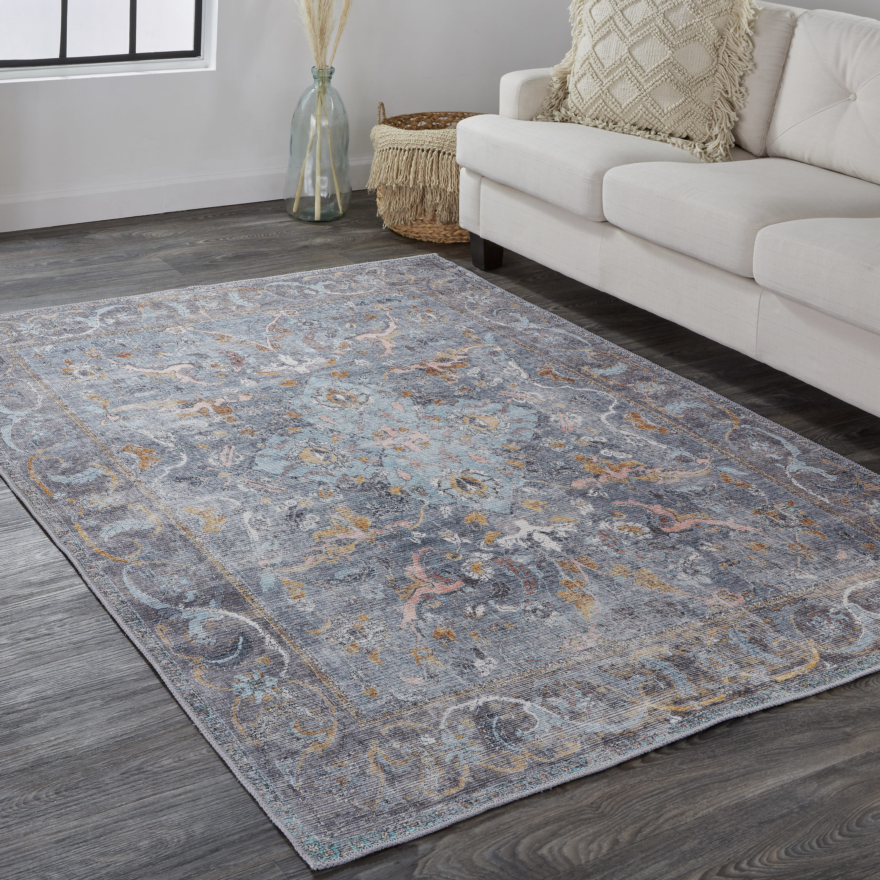Percy Blue and Gray Medallion Washable Area Rug