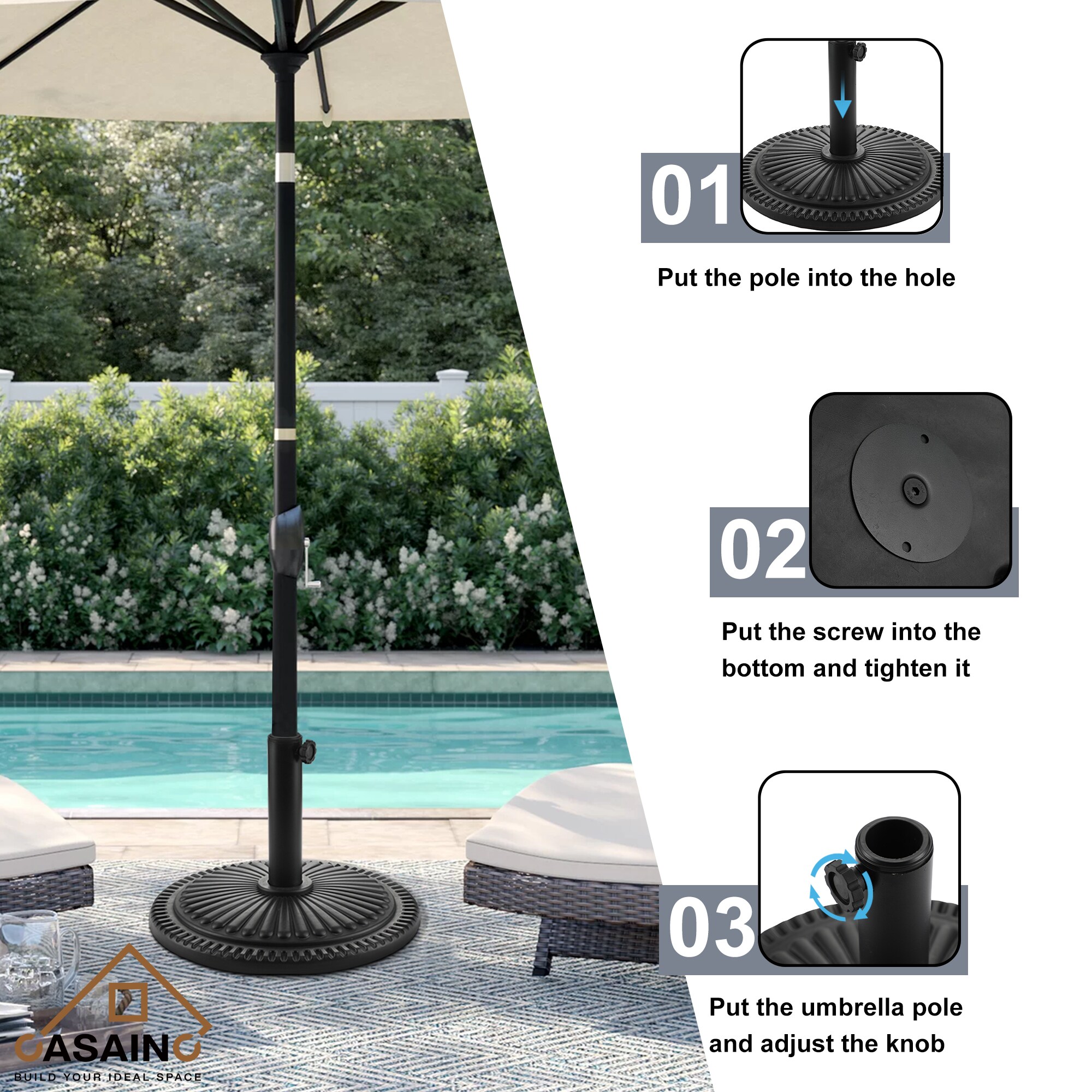 CASAINC 22lbs Heavy Duty Black Patio Umbrella Base for 1-1/2-in to 1-7/ ...