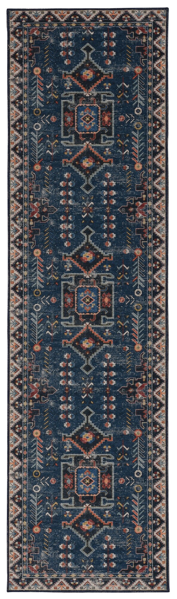 Linon RUGWR0728 2 x 8 Navy/Ivory Indoor Medallion Machine Washable Runner Rug