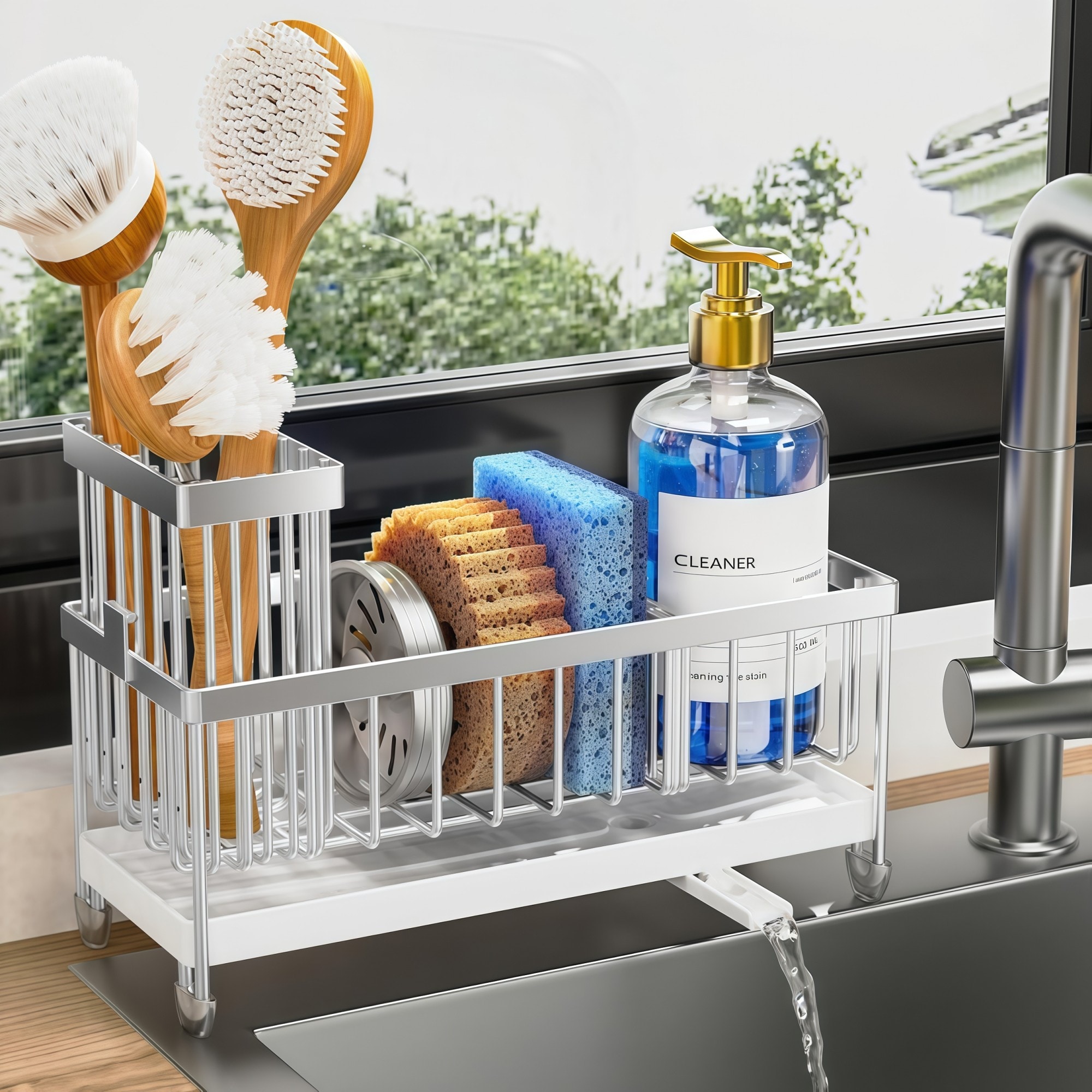 Numhew 9.25in W 3-Compartment Silver Sponge Holder with Rotatable Spout and High Brush Organizer Kitchen Sink Caddy