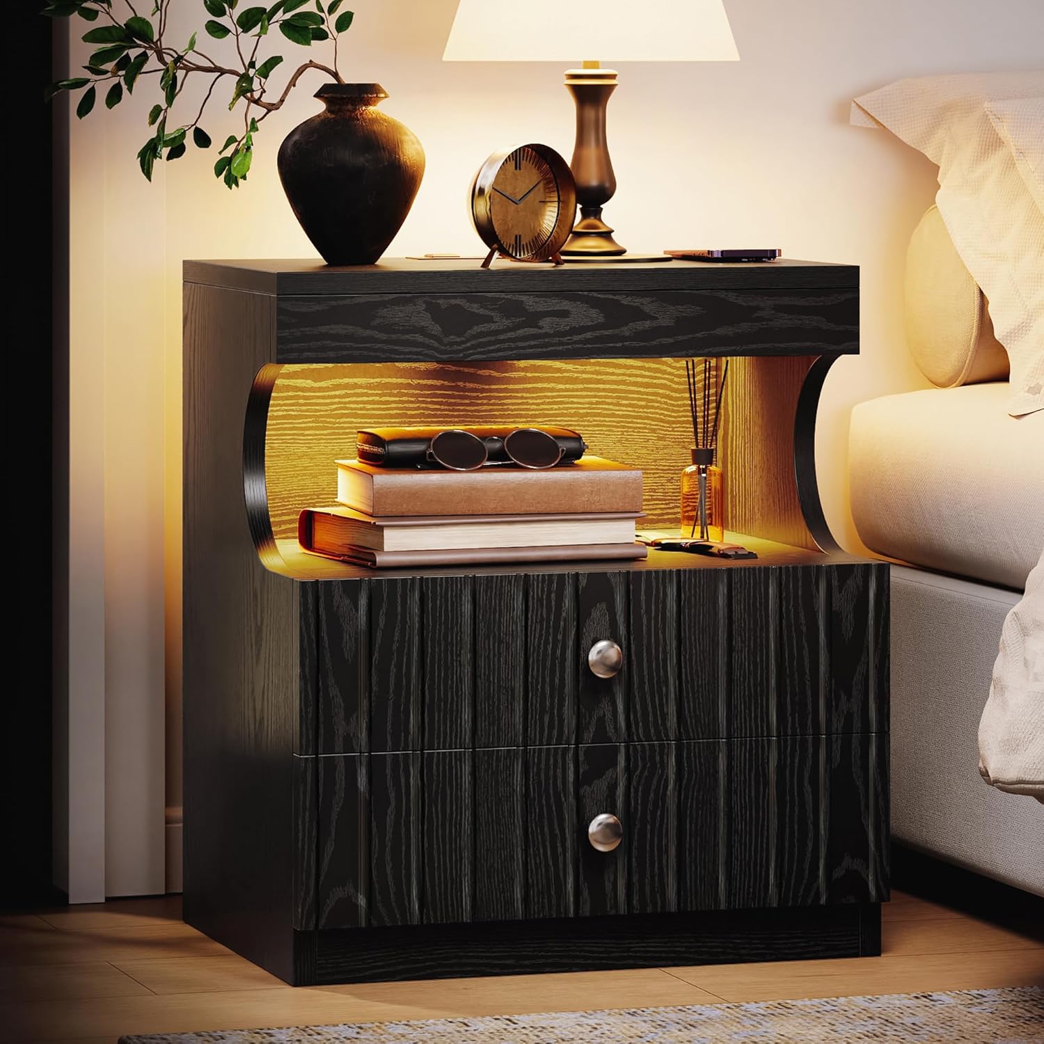 Likemet USAFZ11N1065428 21.26-in W Black LED Nightstand with Charging Station and 2 Drawers Storage