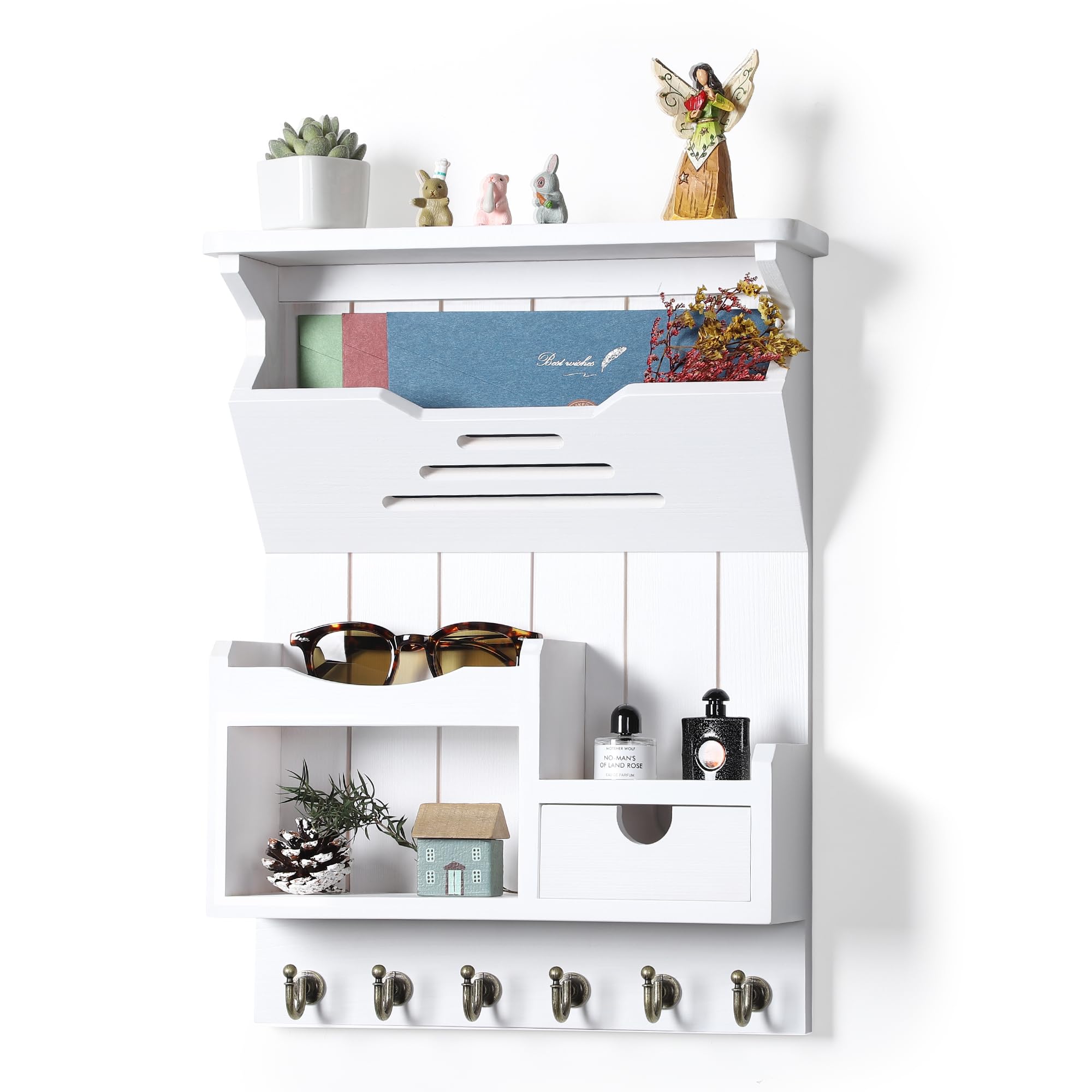 Adrinfly  Wall Key Holder with Mail Organizer Storage Drawer and Six Hooks Easy Installation for Entryway and Home Decor White