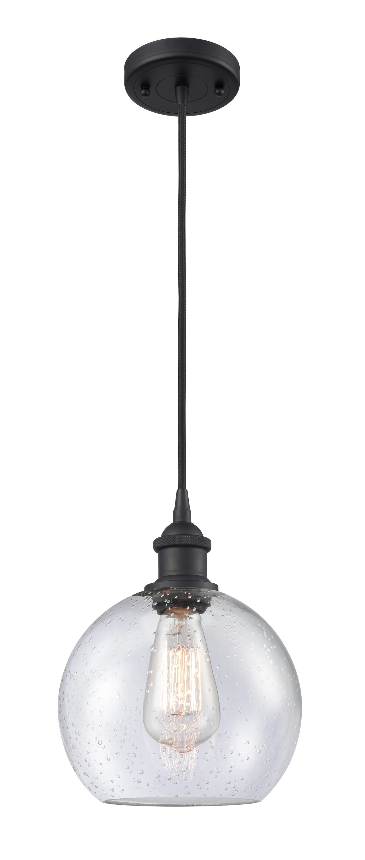 Innovations Lighting 516-1P-BK-G124-8 Athens Matte Black, Seedy Industrial Seeded glass Globe Medium Hanging Pendant light