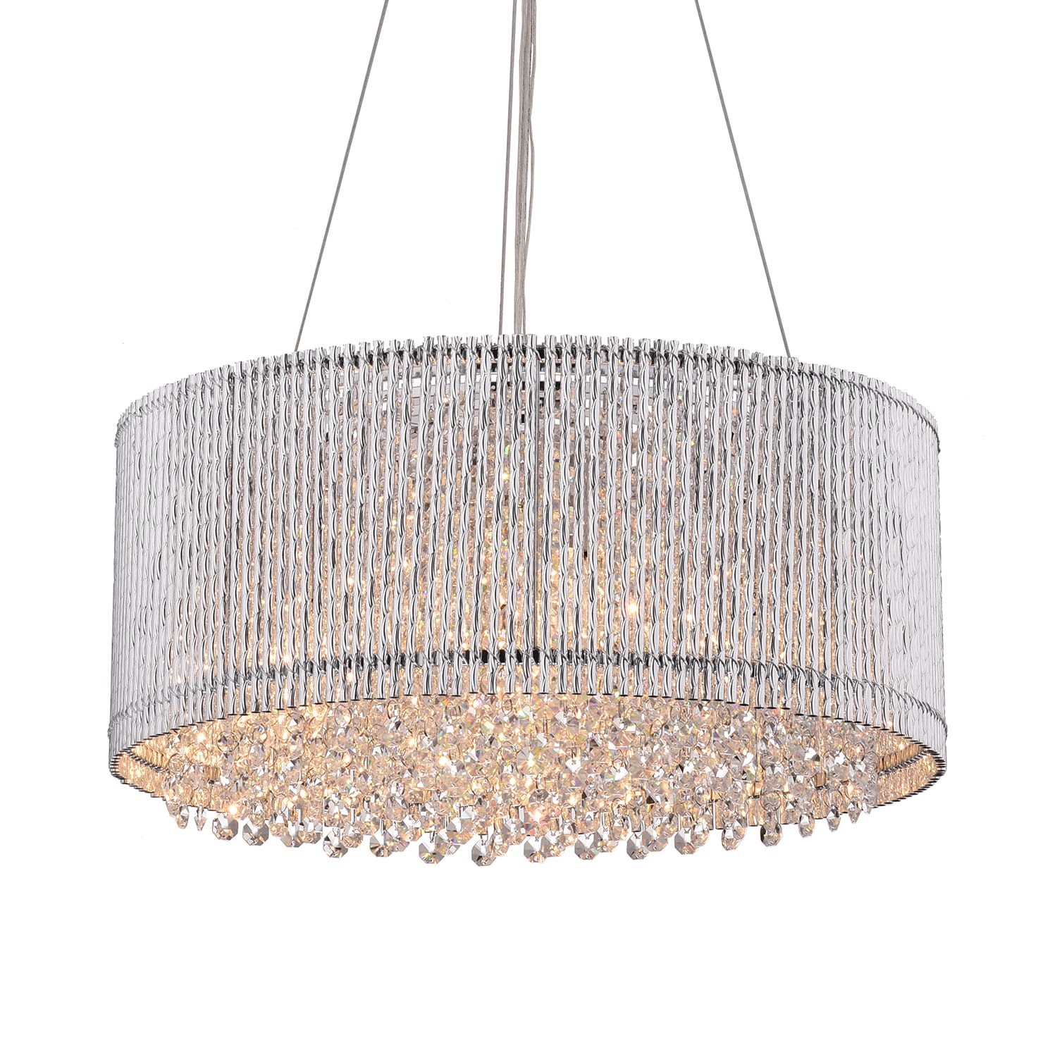 Chrome and Crystal Drum Shade Chandelier with Hanging Crystals