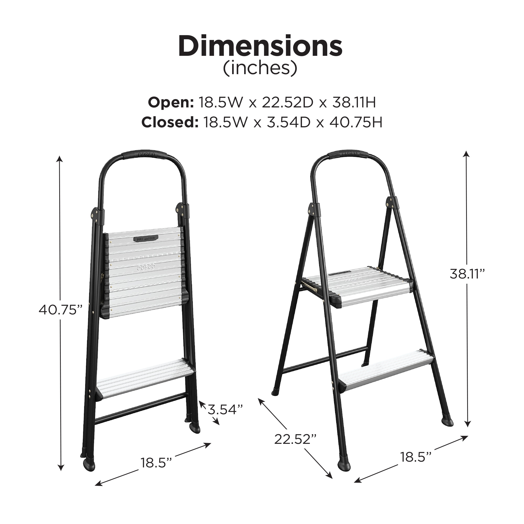 Compact 40.75" Black Foldable Steel Step Stool with Rubber Grip