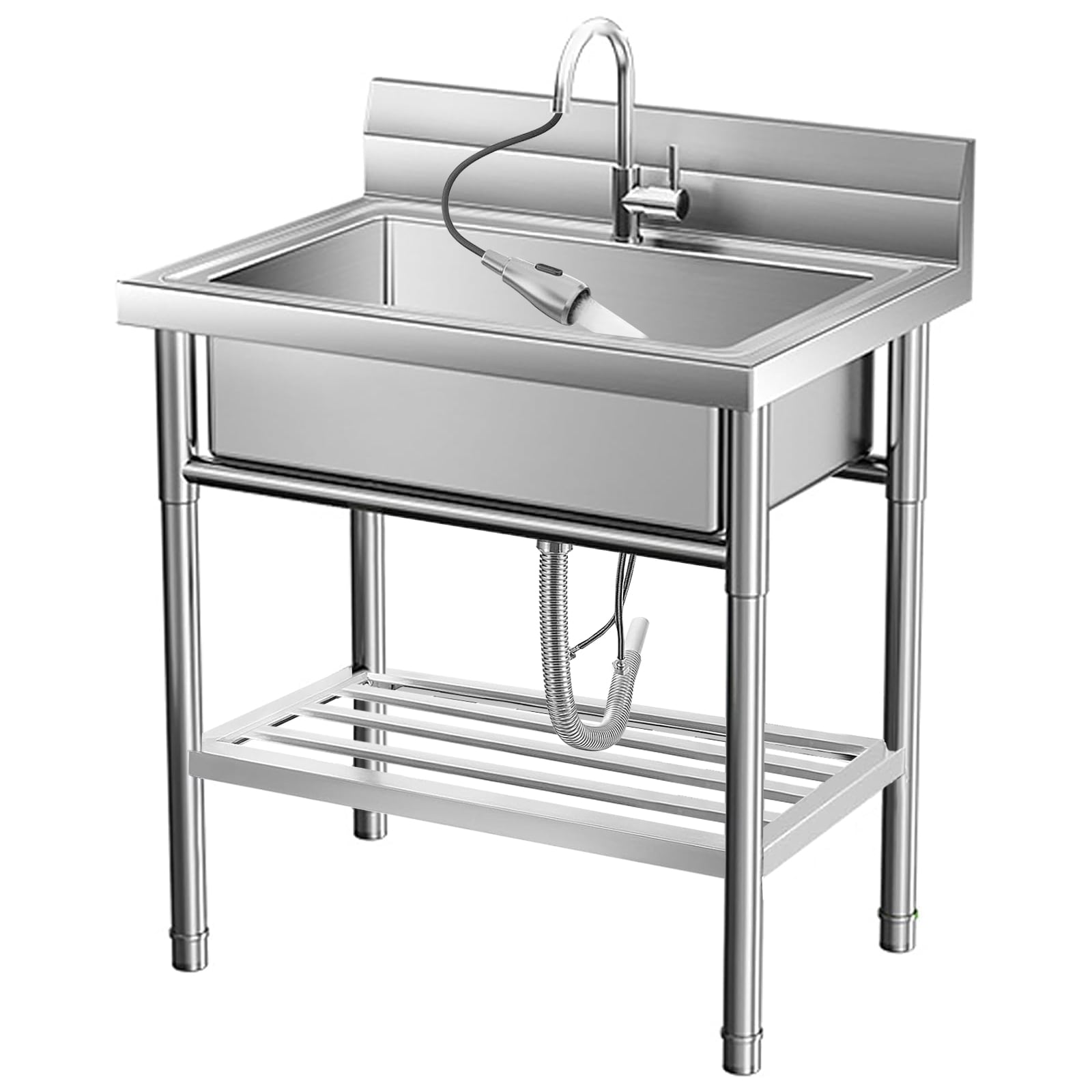 GarveeLife Stainless Steel Utility Sink Free Standing Single Bowl Commercial Kitchen Sink with Faucet Hot and Cold Water Pipe Storage Shelf 20x 20x 34 Inch