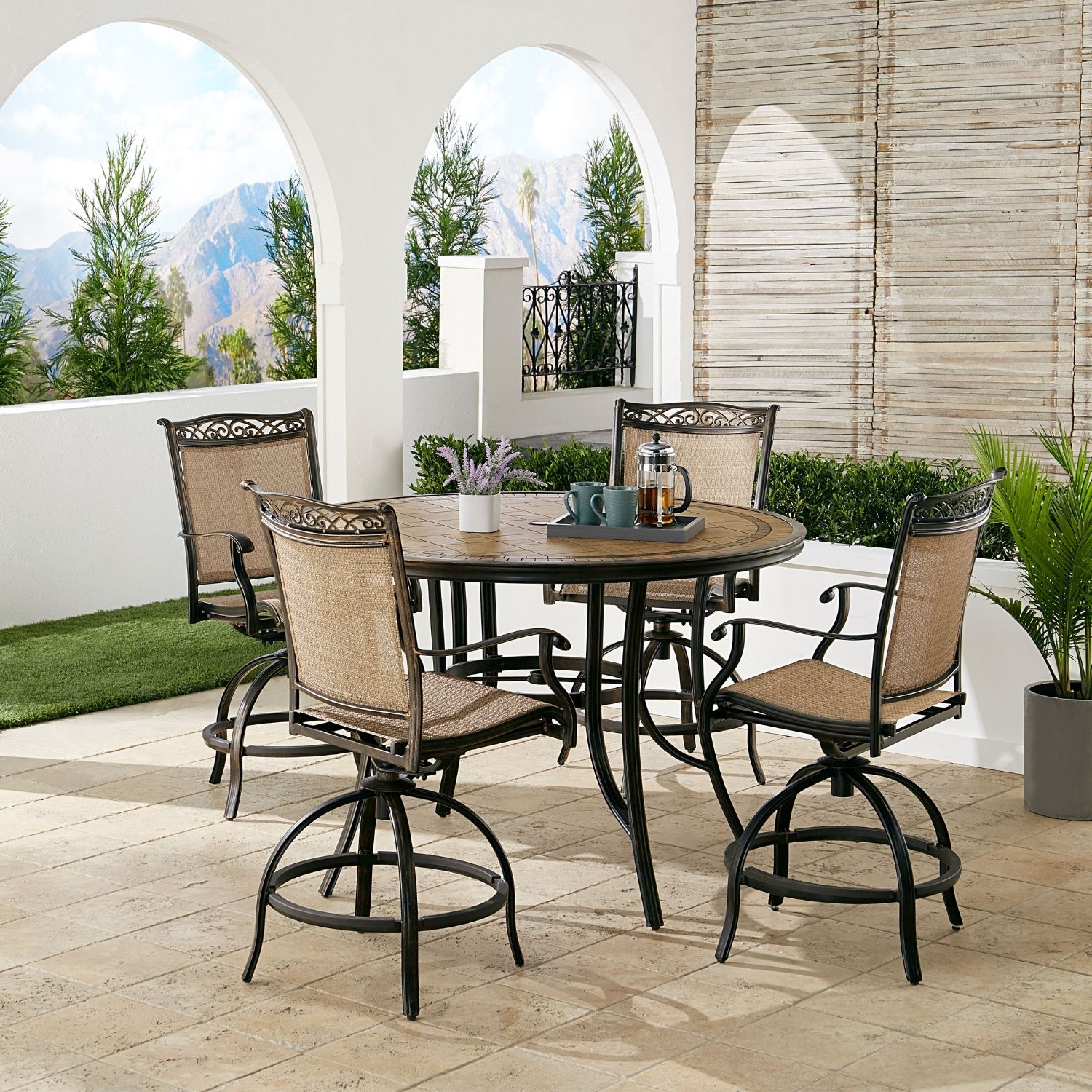 Hanover FNTDN5PCPBRTN Fontana 5 -Piece Bronze Woven Bar Height Patio Dining Set Aluminum Round Table with 4 Tan Swivel Chairs