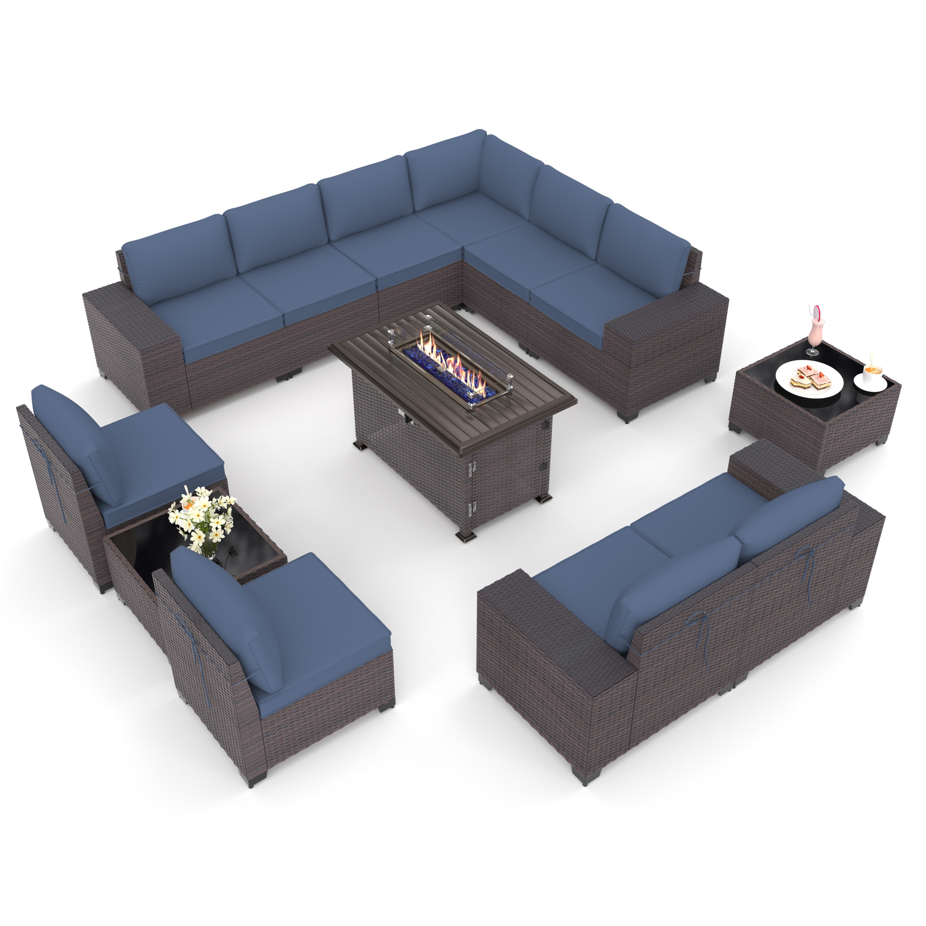 ALAULM LS-12PCS+FP-NAVY 13 -Piece Wicker 2 Patio Sofa Conversation Set with Blue Cushions