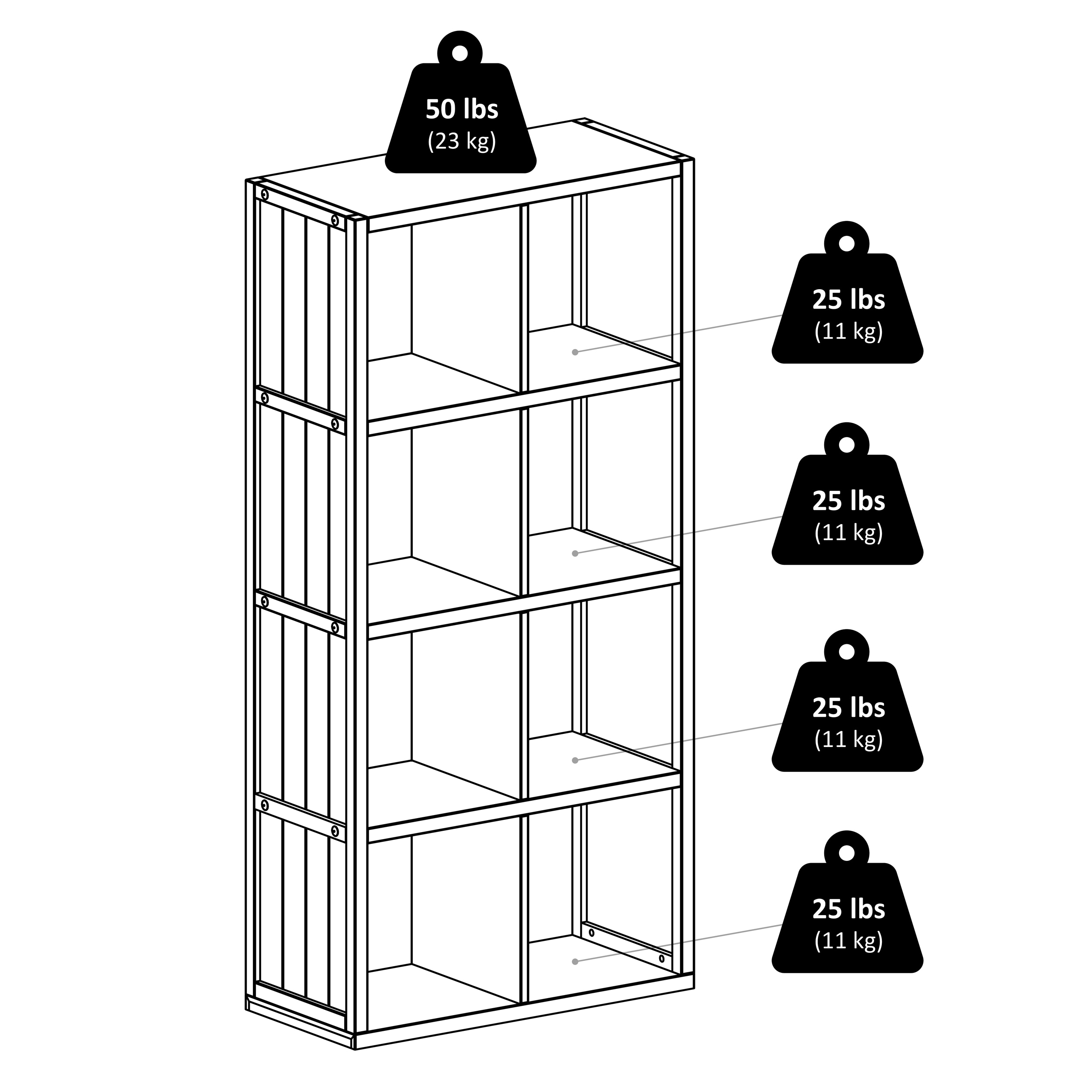 53" Black Wood Transitional 4x2 Cube Shelf with Wainscoting Panels
