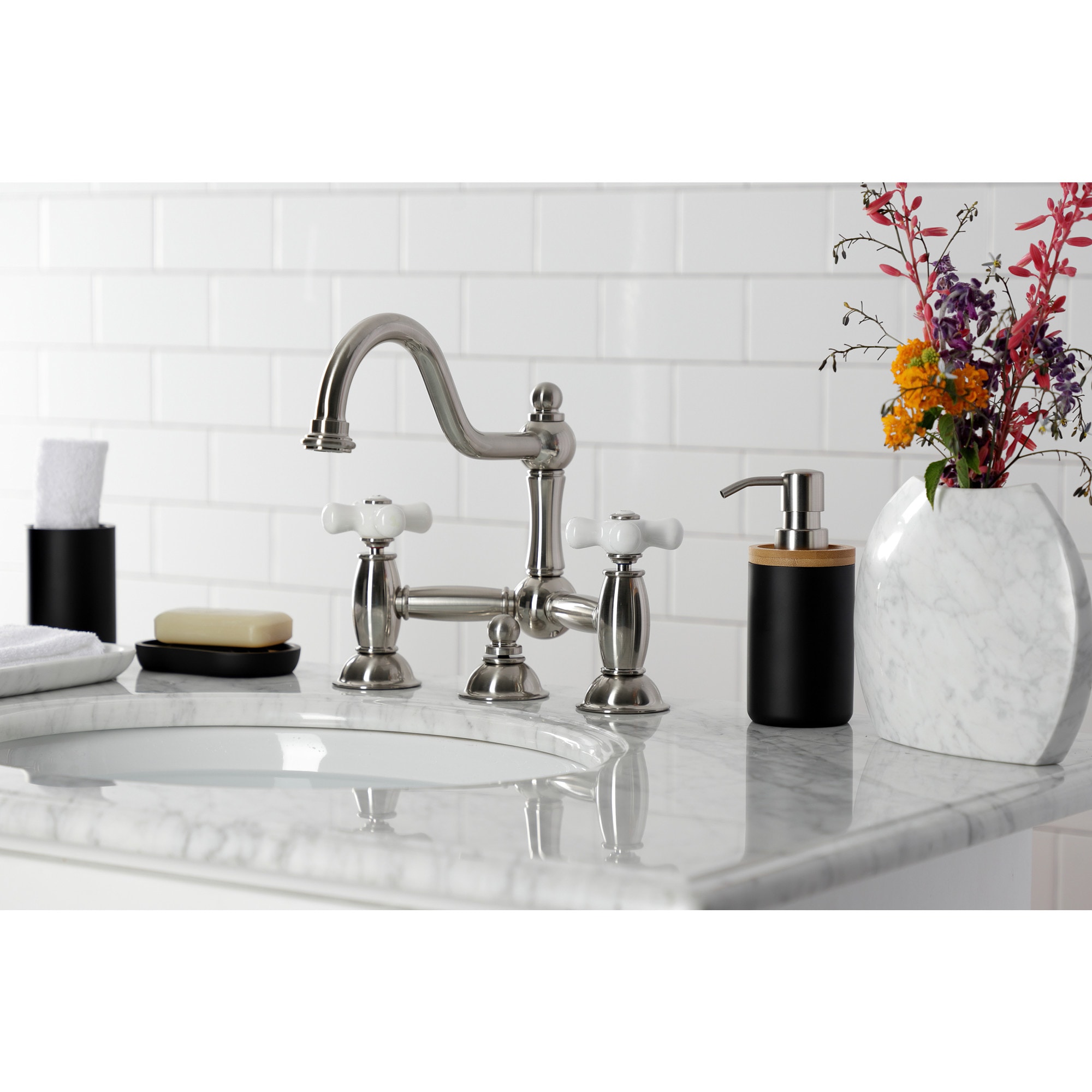 Kingston Brass WLKS3918PX Restoration Brushed nickel Widespread 2-handle High-arc Residential Handle Bathroom Sink Faucet with Drain