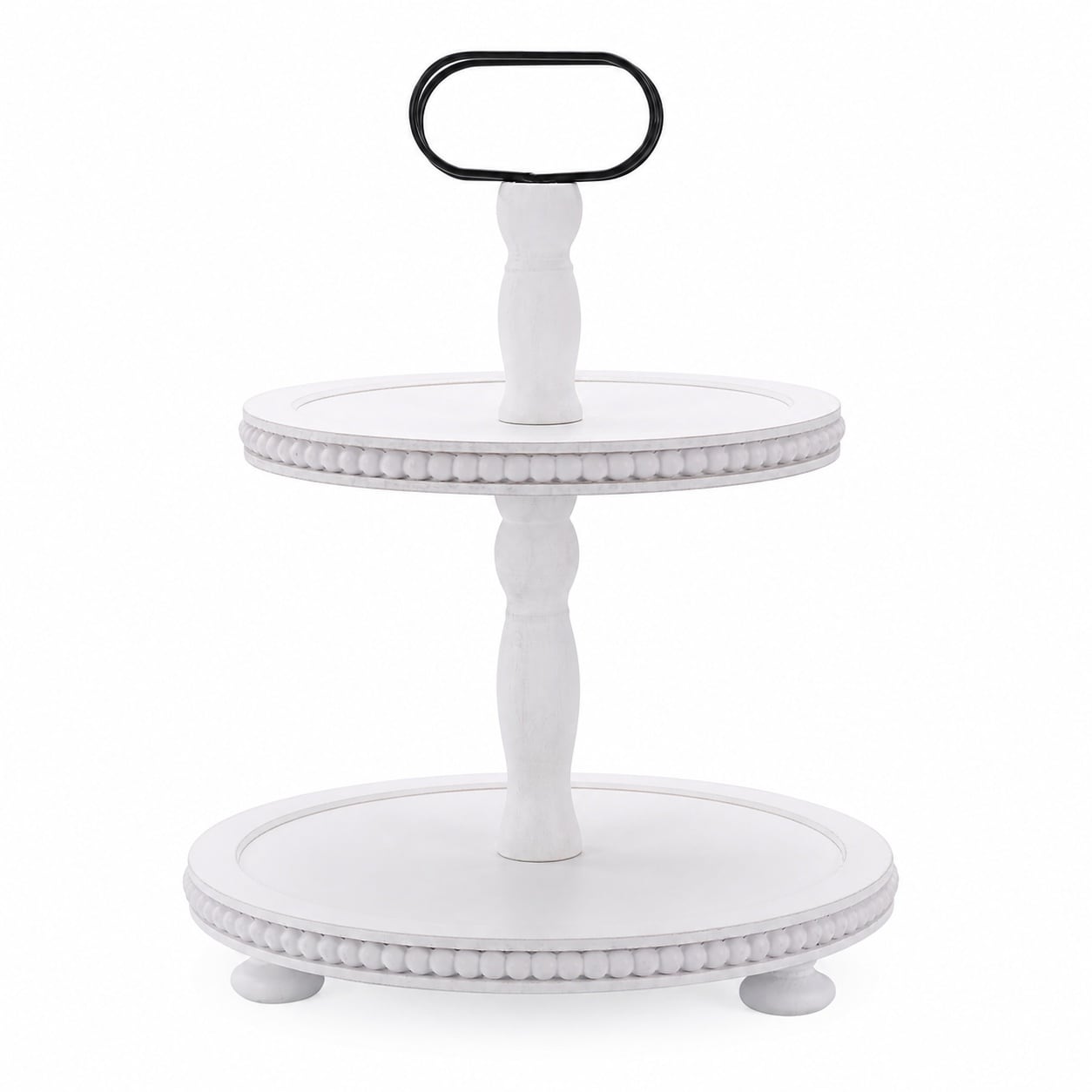Aoibox  Two Tier Retro White Farmhouse Wood Cake Stand with Metal Handle and Round Wooden Trays 11 2 and 9 25 Inches Diameter