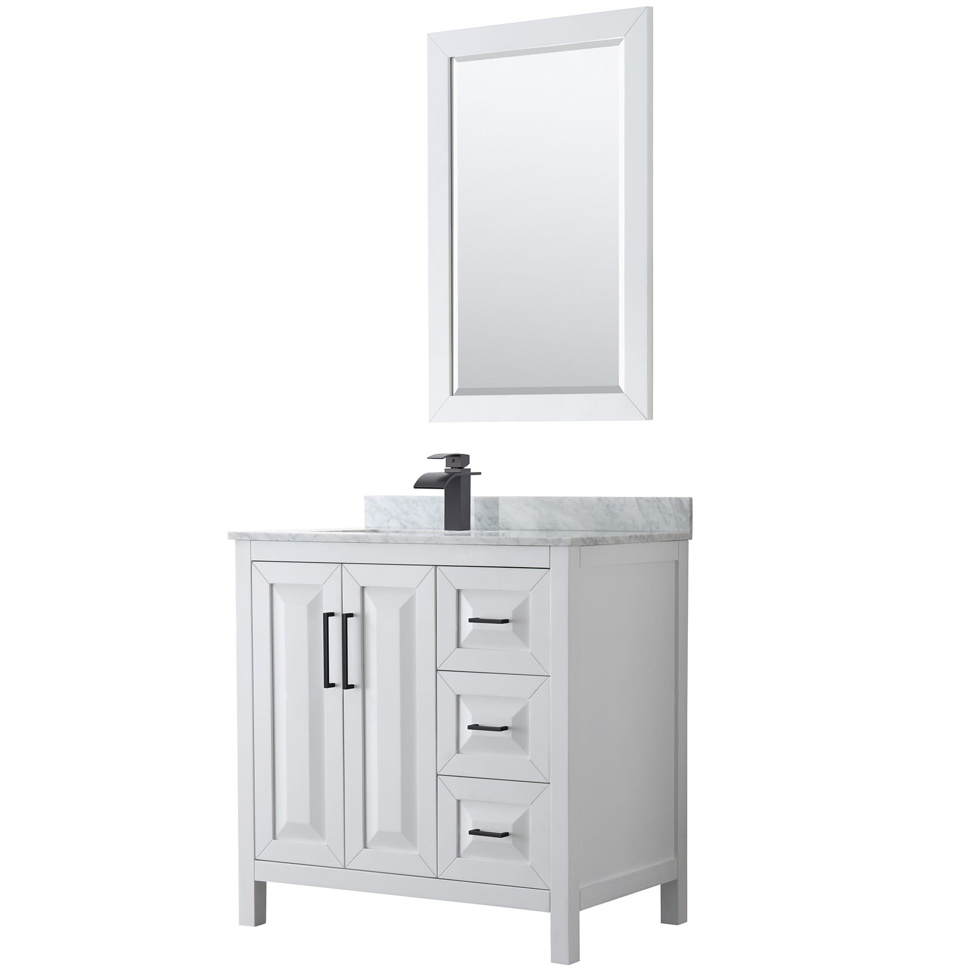 Wyndham Collection Daria 36-in White with Matte Black Trim Undermount Single Sink Bathroom Vanity with White Carrara Marble Natural Marble Top (Mirror Included)