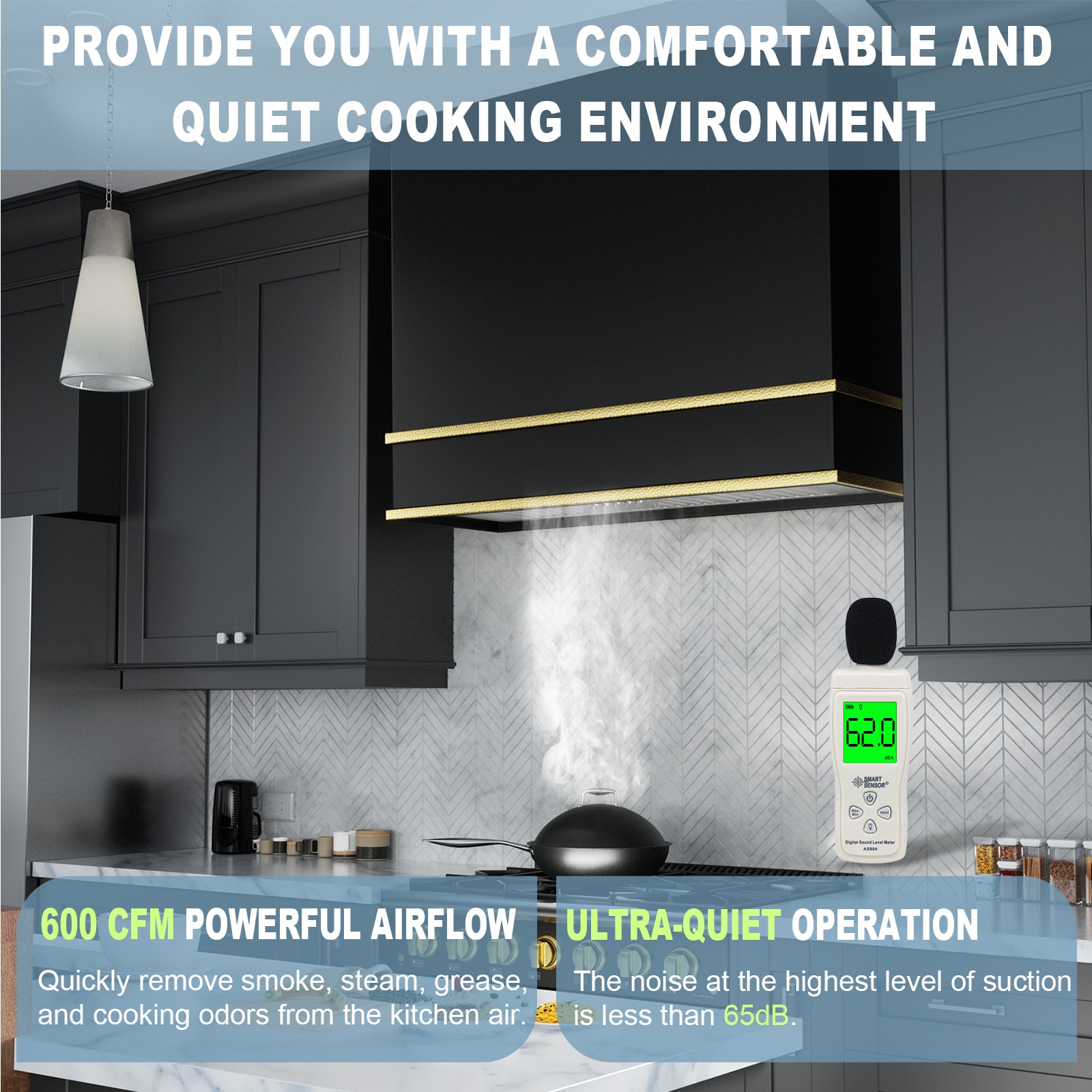 Akicon 36 Inch Black and Gold Stainless Steel Wall Mounted Range Hood
