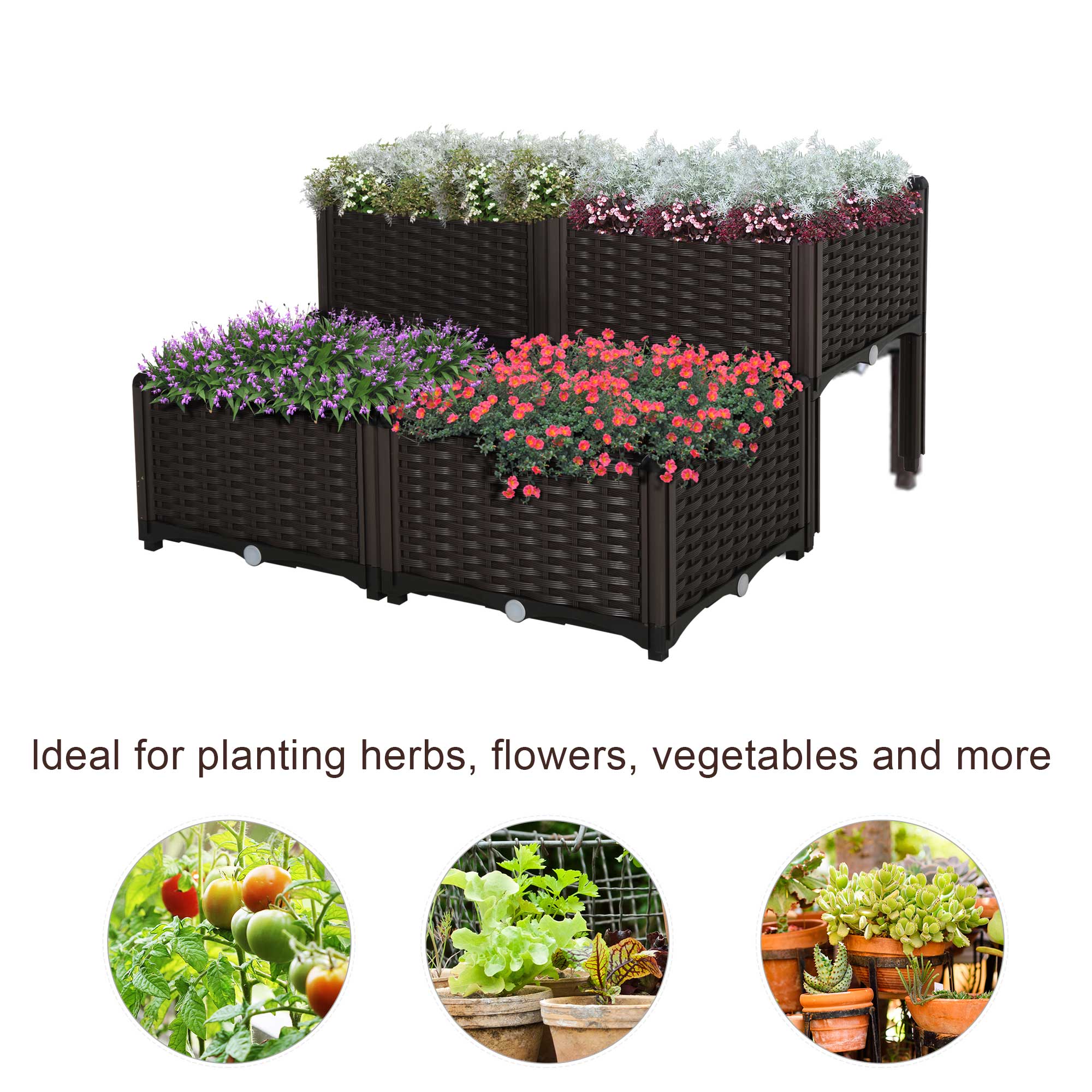 Brown 4-Piece Plastic Raised Garden Bed Planter Set
