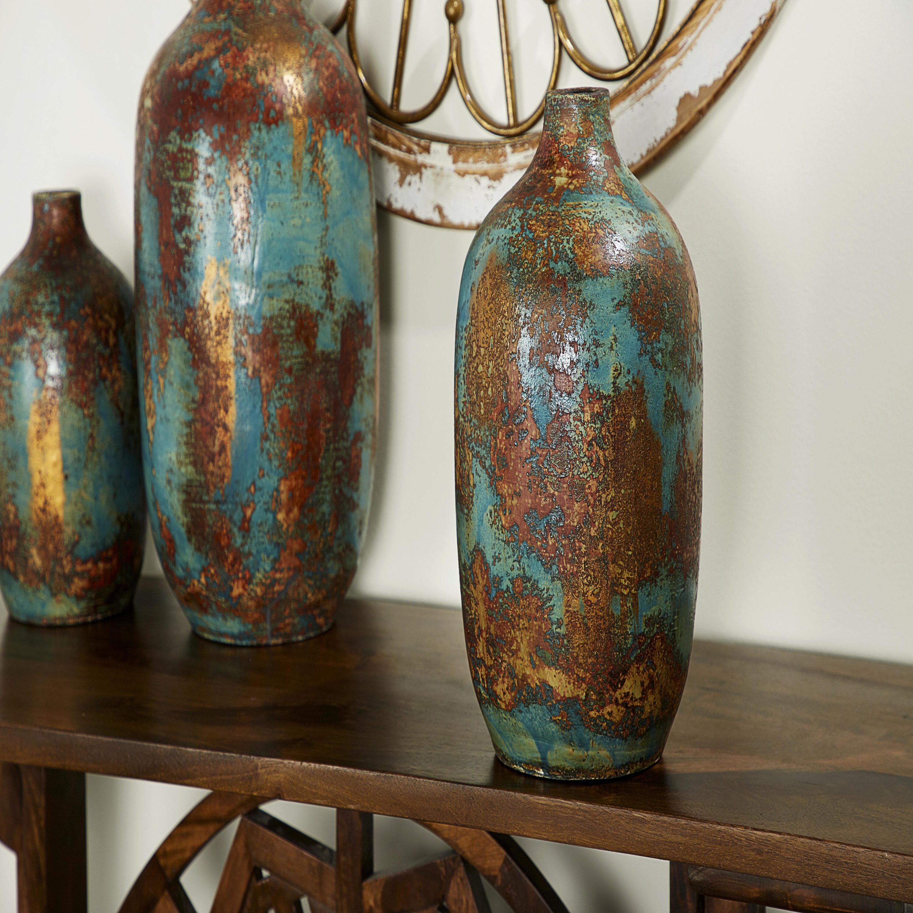 Rustic Turquoise and Bronze Ceramic Decorative Vase