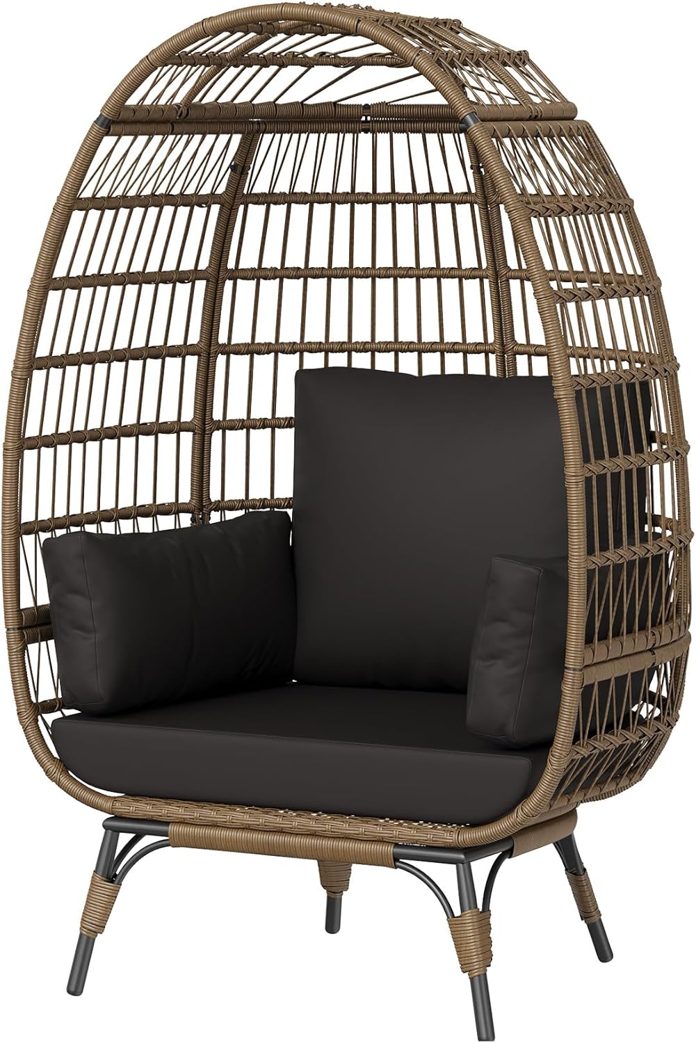 Qeetex YHC-347PKH7M Metal Frame Fine Wicker Single Person Standing Egg Chair DLEC03 1 Piece Black Metal Frame Brown Wicker Black Cushions for Balcony Patio Living Room