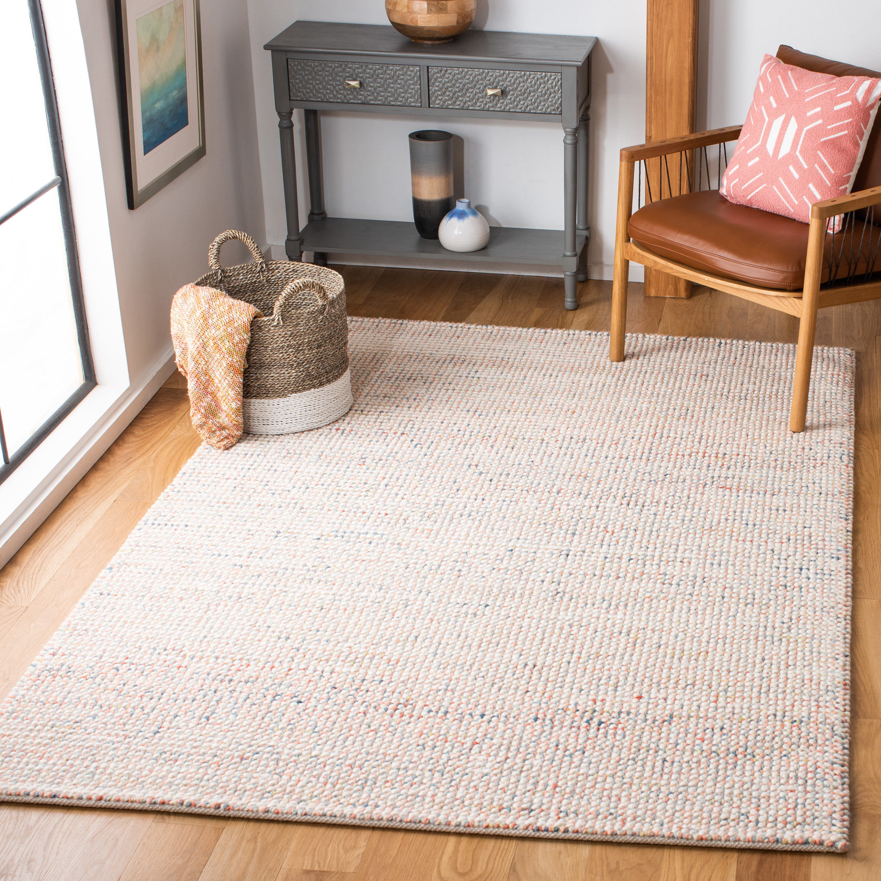 Handwoven Ivory and Pink Square Wool Rug, 6' x 6'