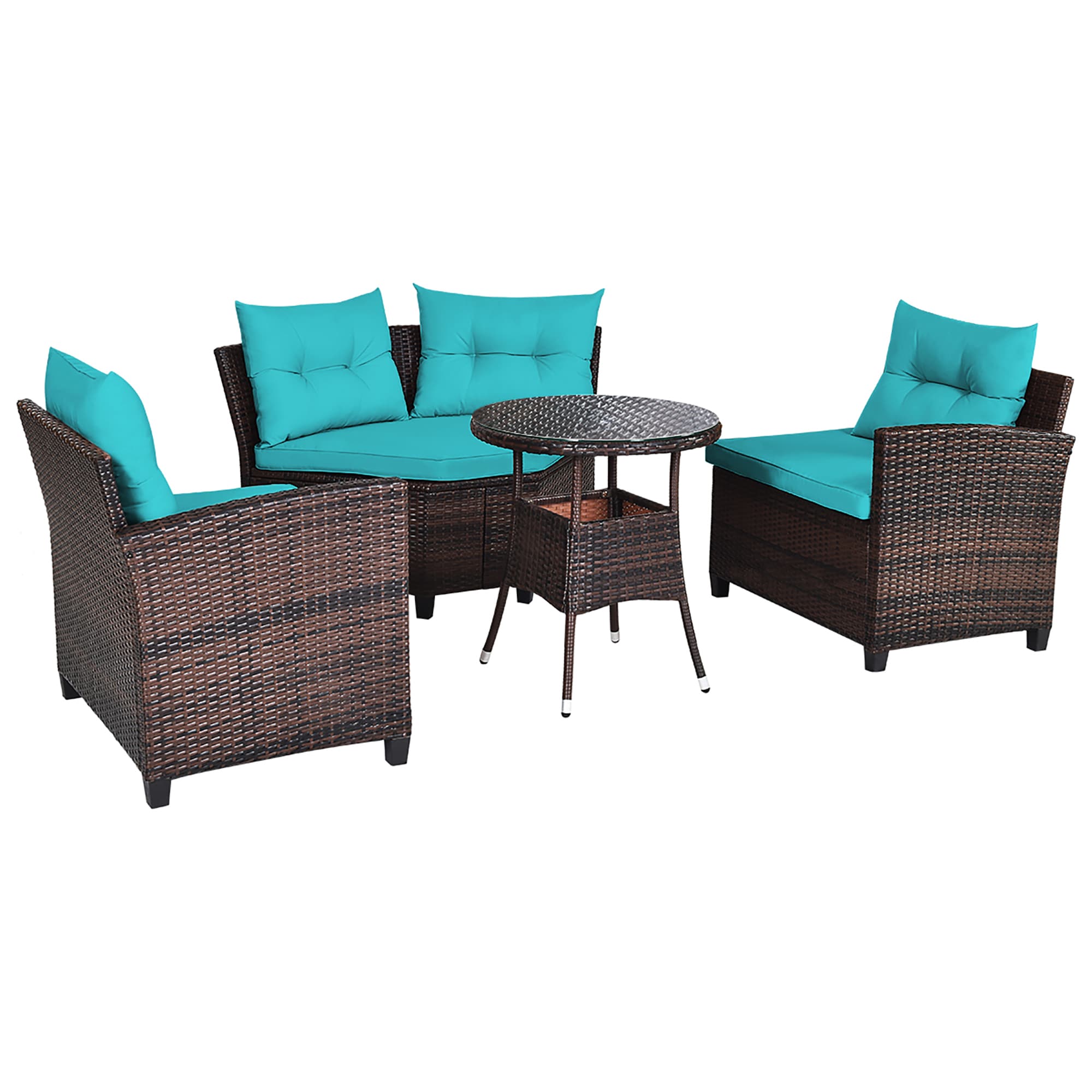 Costway HW66920TU+ 4 -Piece Rattan Patio Sofa Conversation Set with Blue Cushions