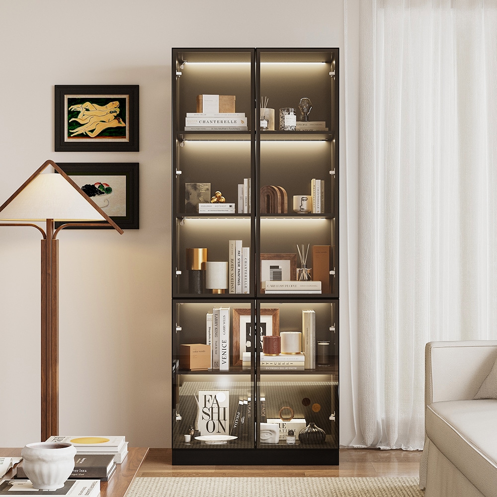  Black Wooden and Aluminum Frame Bookcase with 4 Glass Doors and Adjustable Tricolor Lighting Bookshelf with 5-Layer Rack 31.5''L x 14.2''W x 78.7''H