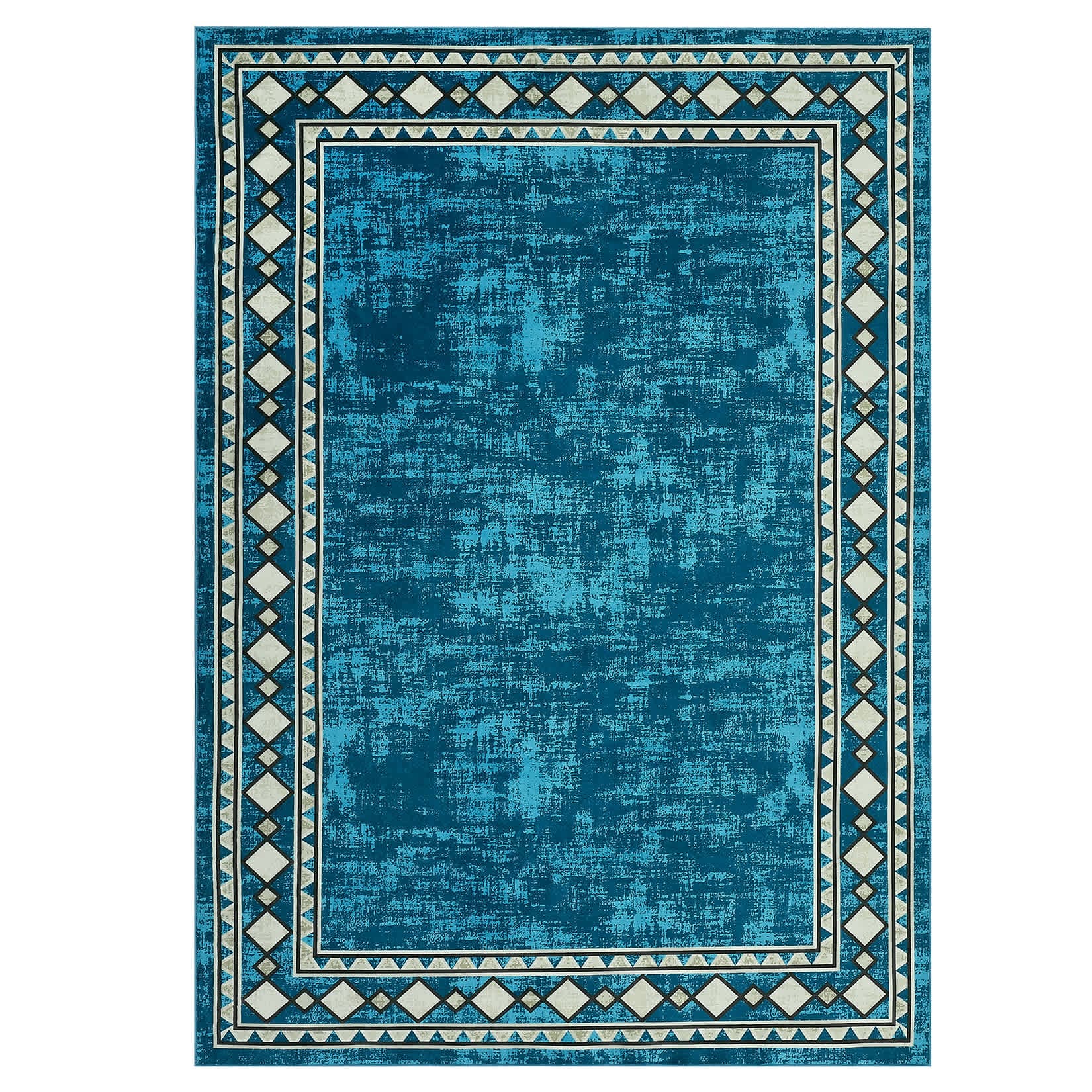 Qeetex SUNNY-PHO-16N7SKRB 9 x 12 ft Polyester Teal Blue Rectangular Living Room Bedroom Dining Room Geometric Bordered Modern Machine Washable Area Rug