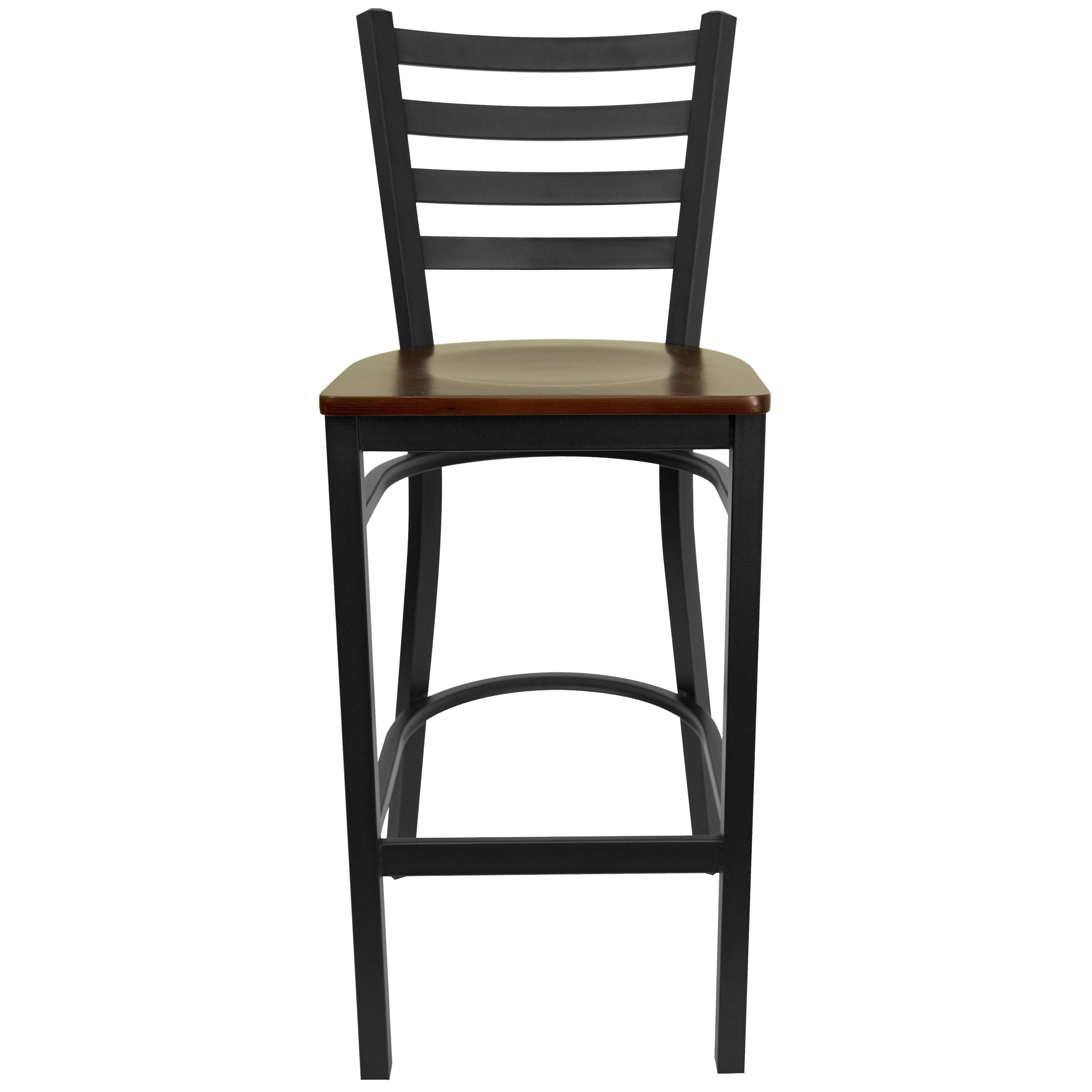 Elegant Black Metal Ladder Back Barstool with Mahogany Wood Seat