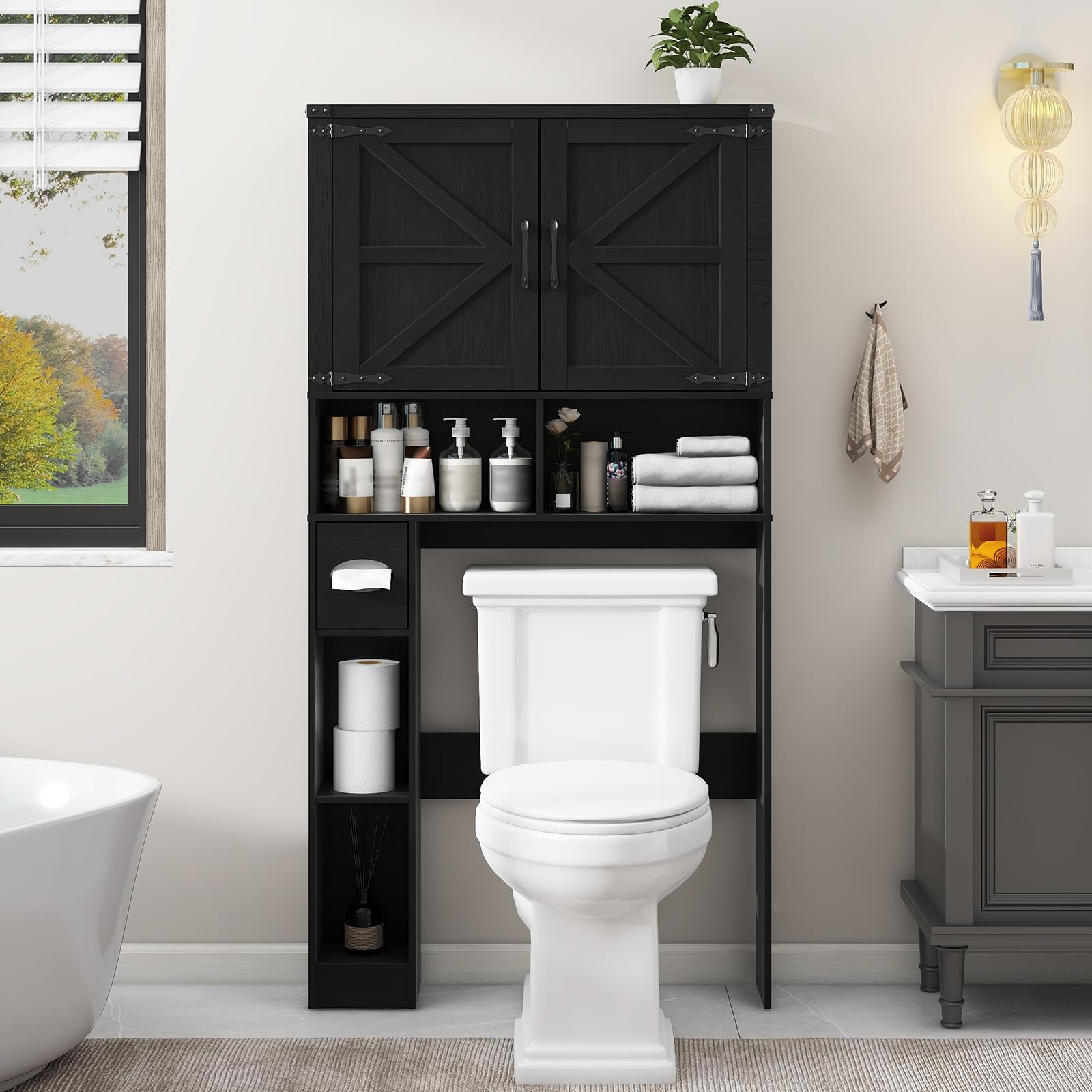 Vabches 65.9-in H x 31.4-in W x 7.8-in D Black Over The Toilet Storage Cabinet with 2 Doors