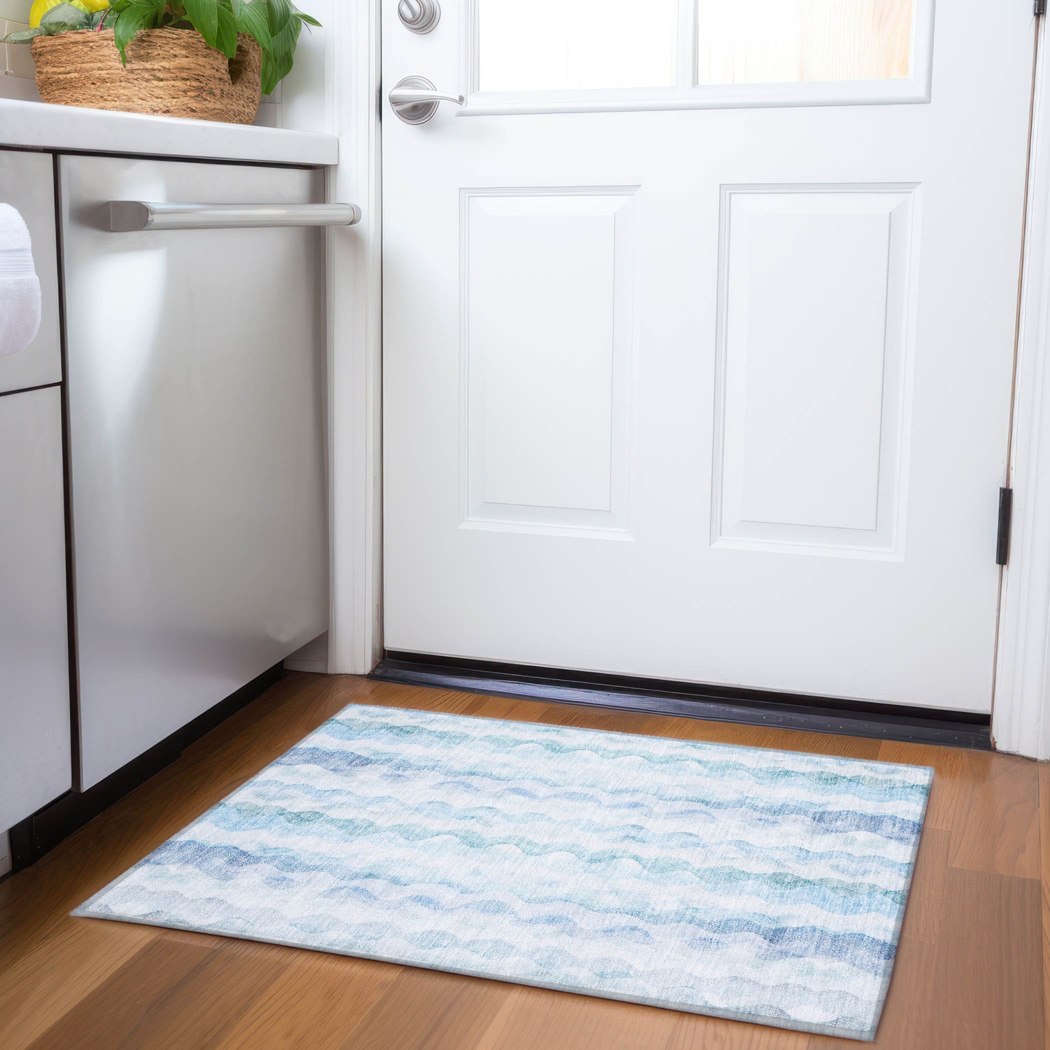 Blue Rectangular Washable Synthetic Stripe Rug 30" x 20"