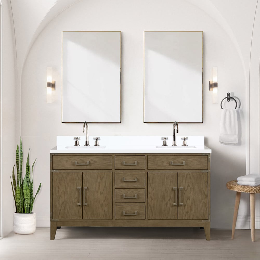 Lexora LVW60DR301 Wilton 60-in Grey Oak Undermount Double Sink Bathroom Vanity with White Cultured Marble Top (Faucet Included)